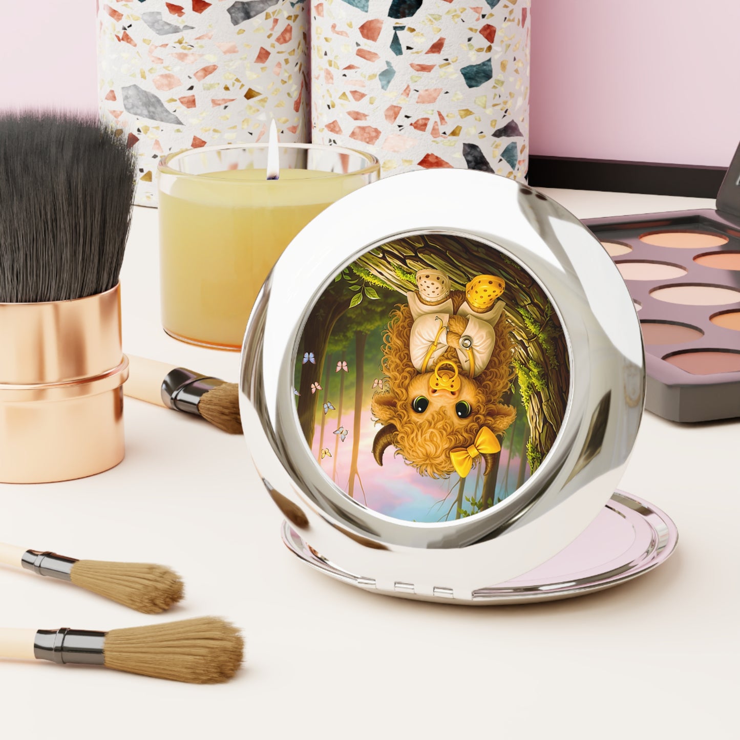 Compact Travel Mirror — Adorable Highland Calf Design, Portable Pocket Mirror for Kids & Adults