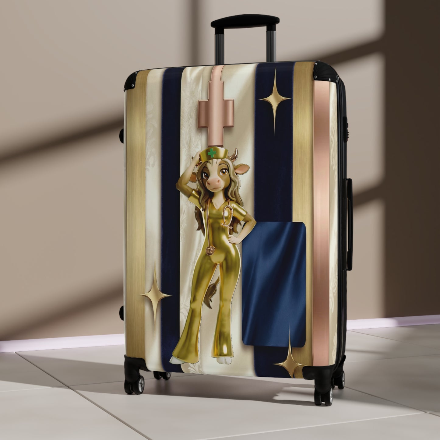 Retro Glam Cow Travel Suitcase — Cute Golden Cow Girl Luggage