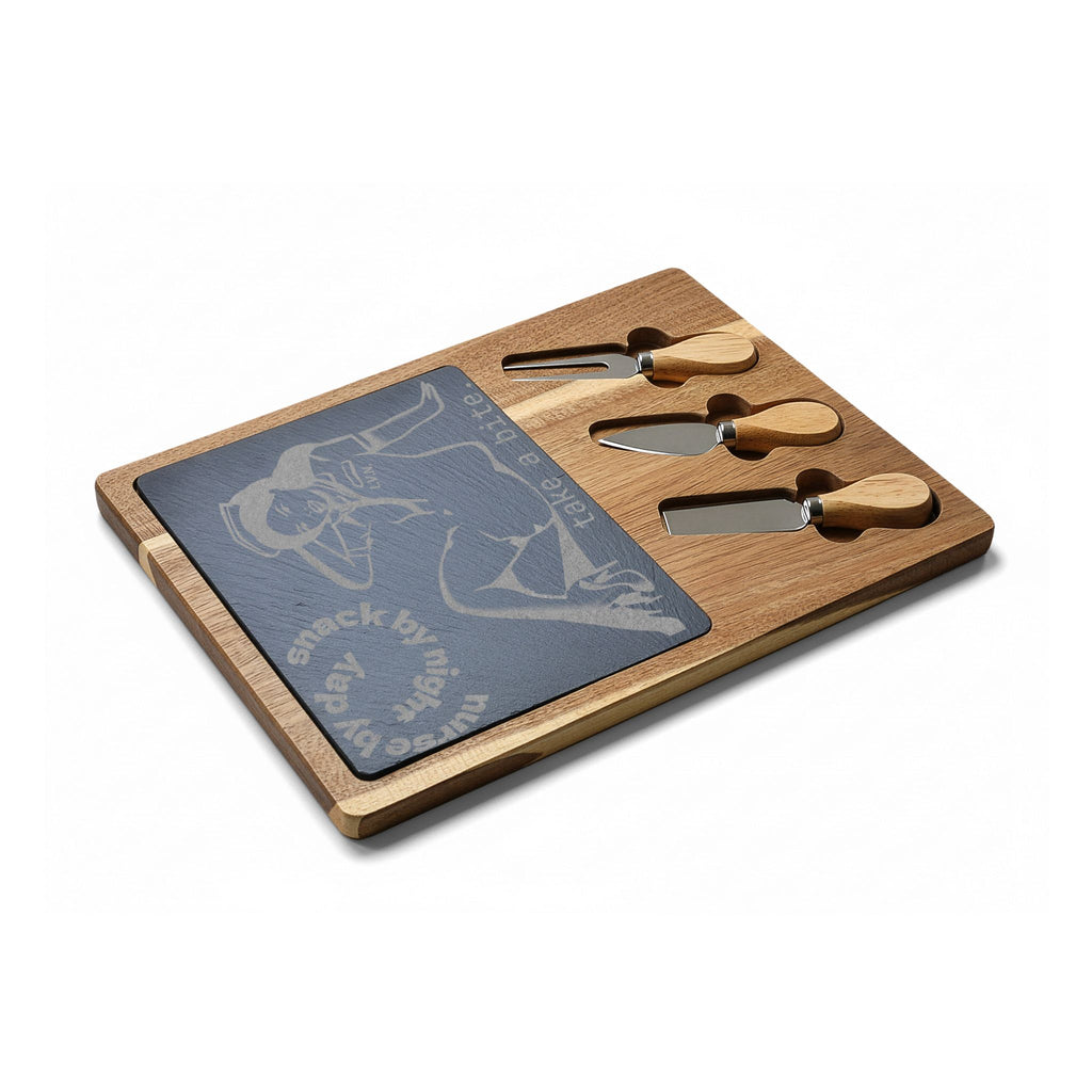 Engraved LVN Bamboo Charcuterie Board with Slate Inlay — 'Take a Bite' Pin-Up Design