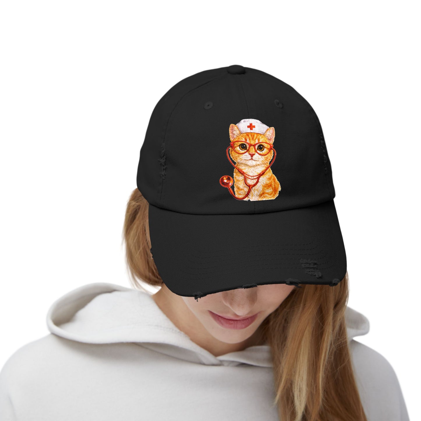 Nurse Cat Distressed Cap – Cute Kitty Nurse Baseball Hat