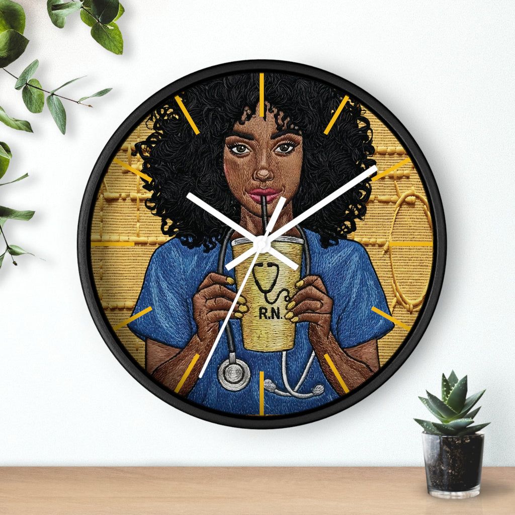 RN Coffee Nurse Wall Clock — Black Nurse Gift for Registered Nurses