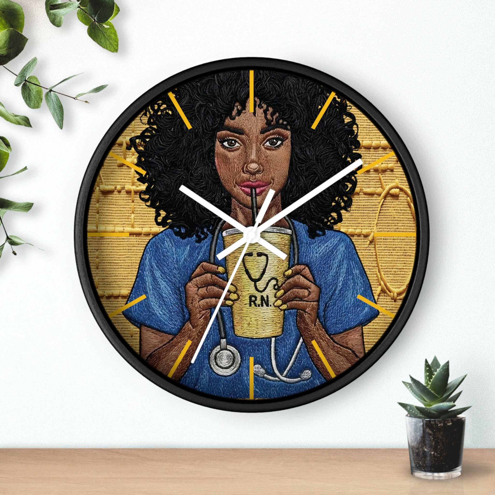 RN Coffee Nurse Wall Clock — Black Nurse Gift for Registered Nurses