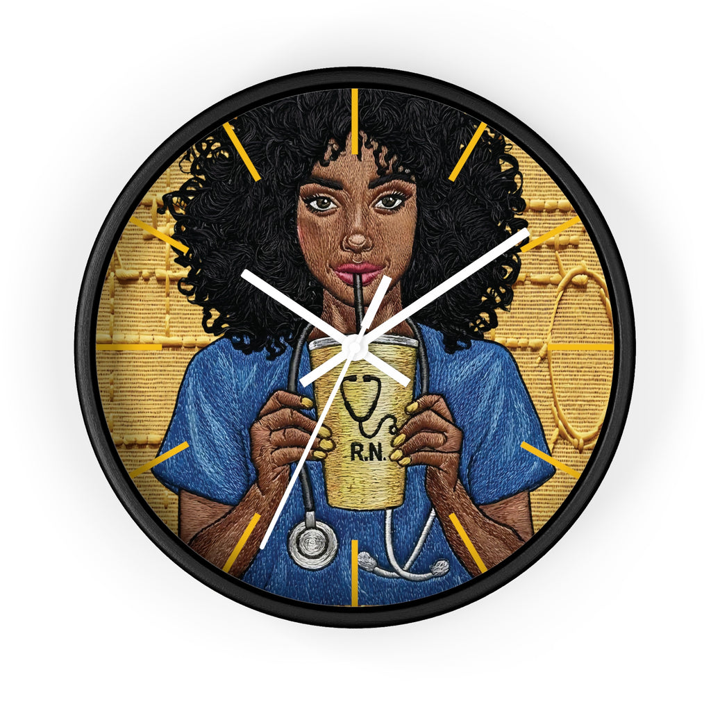 RN Coffee Nurse Wall Clock — Black Nurse Gift for Registered Nurses