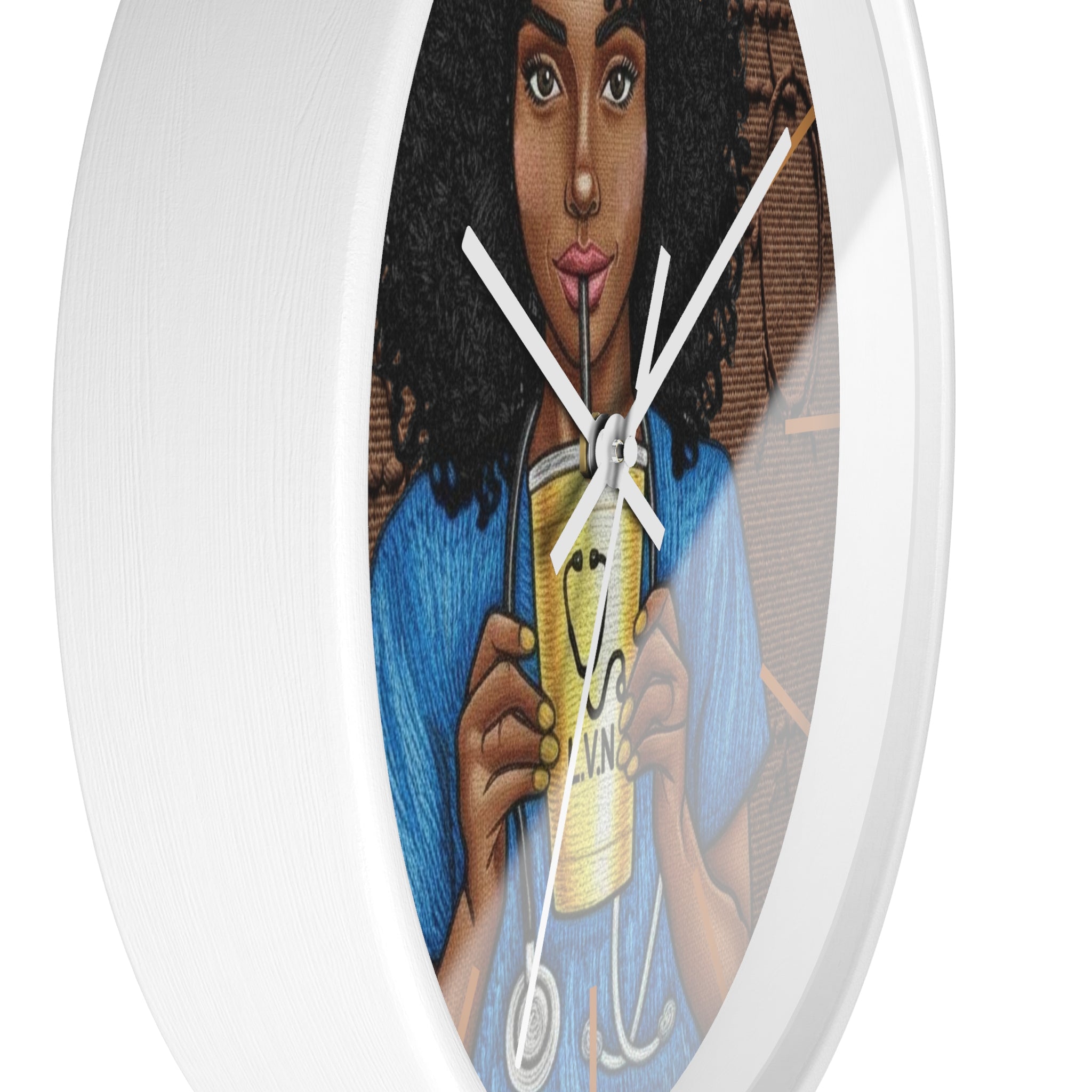 Nurse LVN Wall Clock — Black Female Nurse Drinking Coffee Illustration
