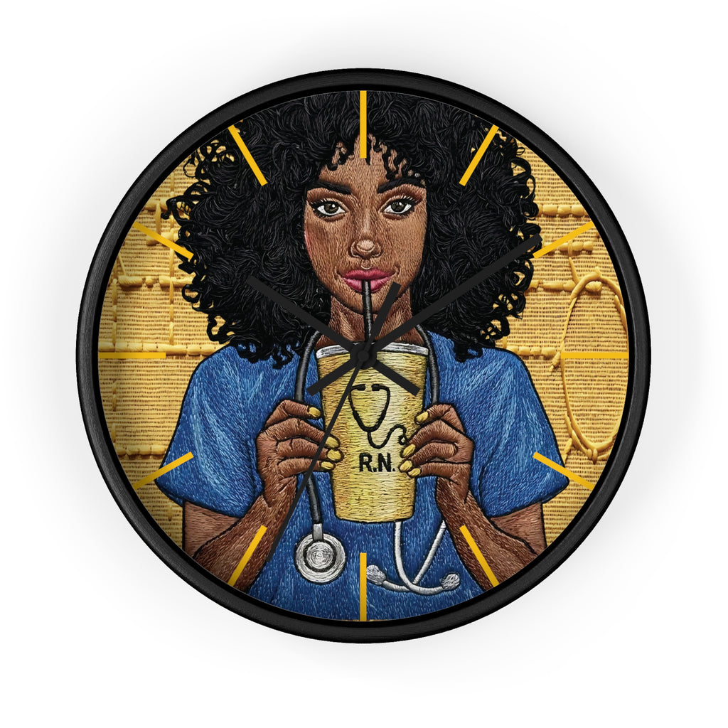 RN Coffee Nurse Wall Clock — Black Nurse Gift for Registered Nurses