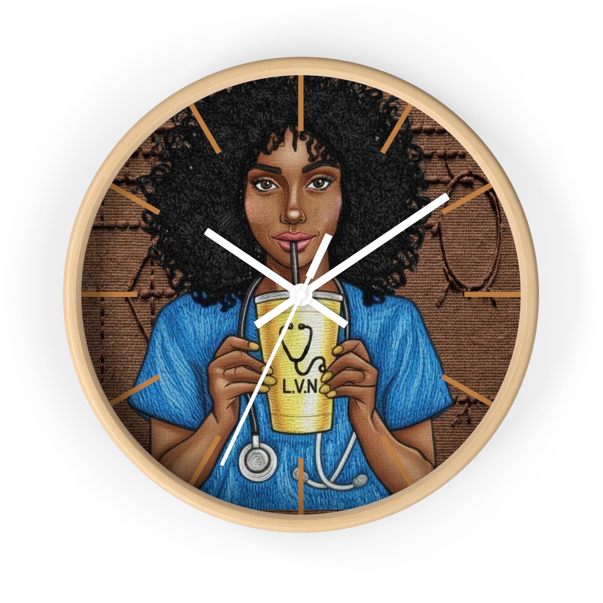 Nurse LVN Wall Clock — Black Female Nurse Drinking Coffee Illustration