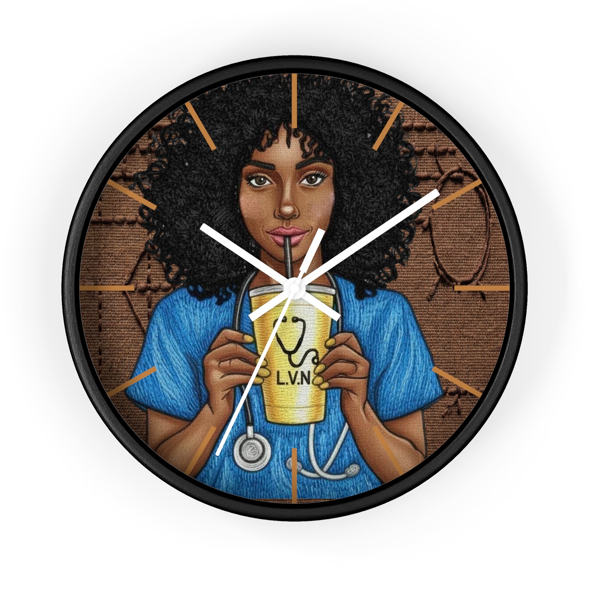 Nurse LVN Wall Clock — Black Female Nurse Drinking Coffee Illustration