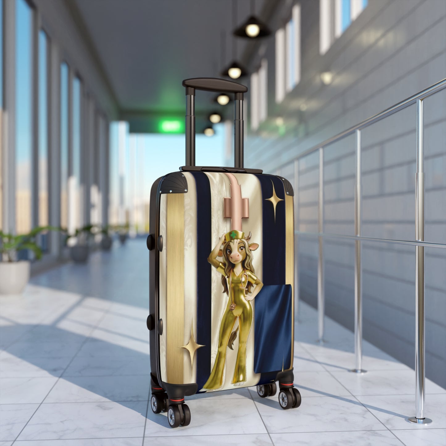 Retro Glam Cow Travel Suitcase — Cute Golden Cow Girl Luggage