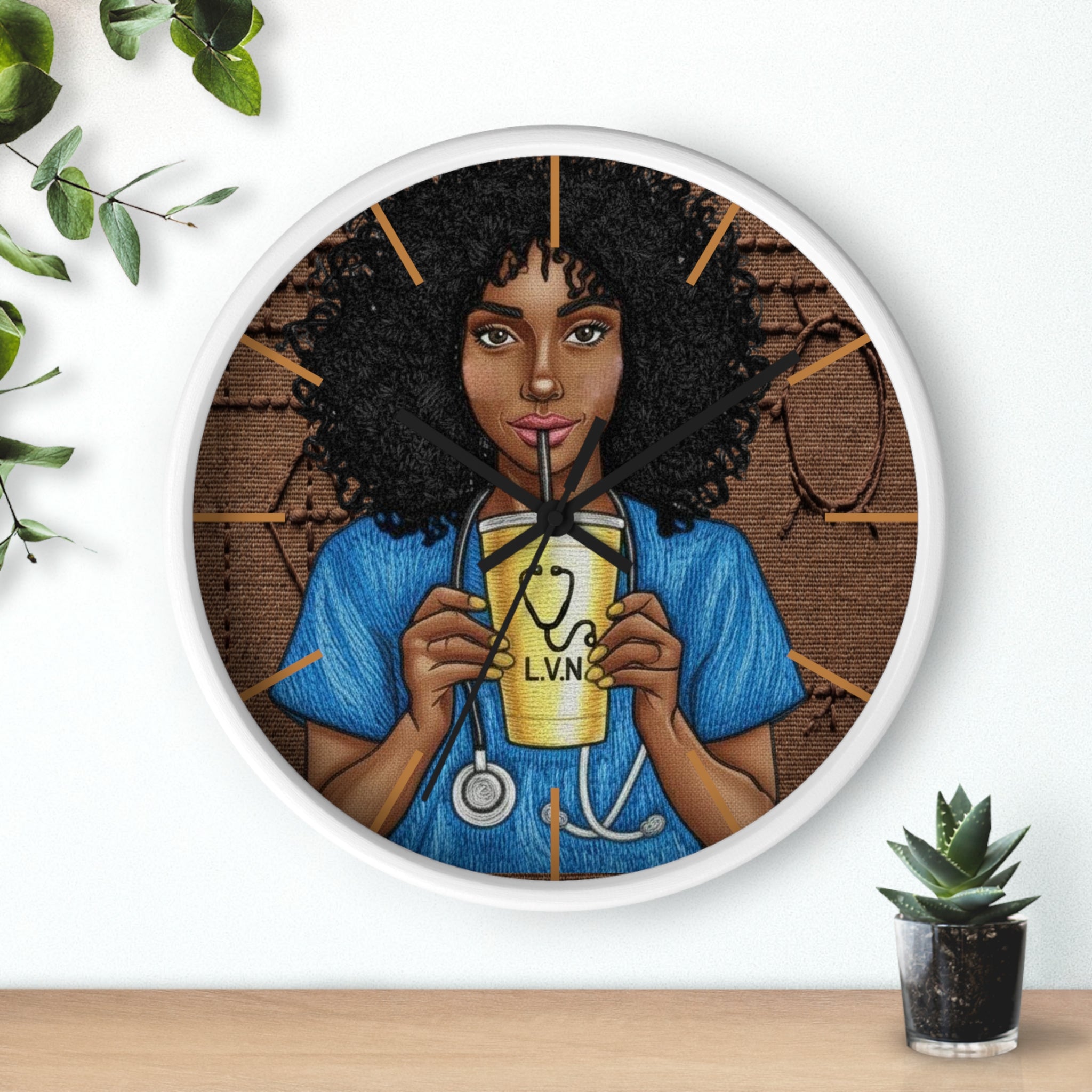 Nurse LVN Wall Clock — Black Female Nurse Drinking Coffee Illustration