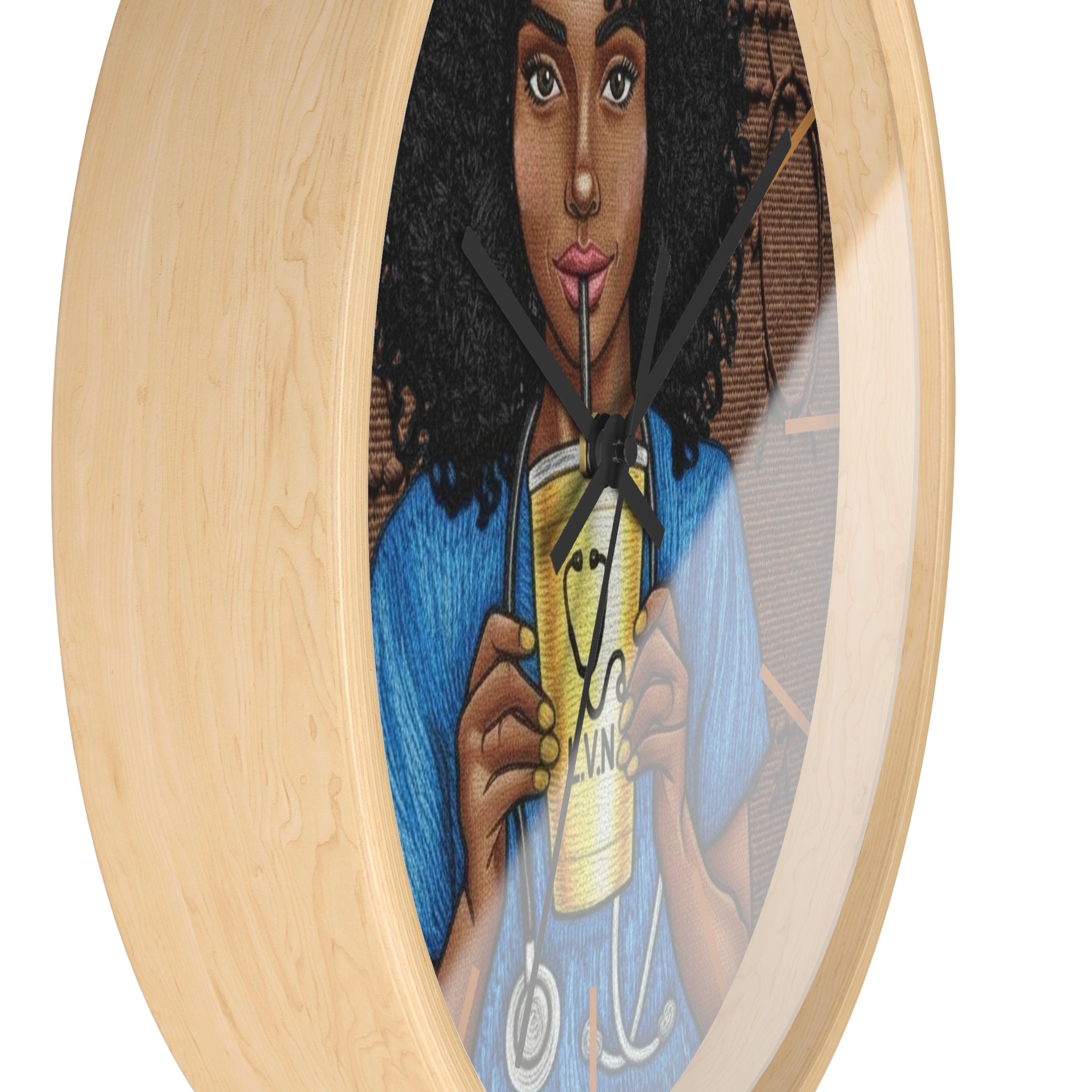 Nurse LVN Wall Clock — Black Female Nurse Drinking Coffee Illustration