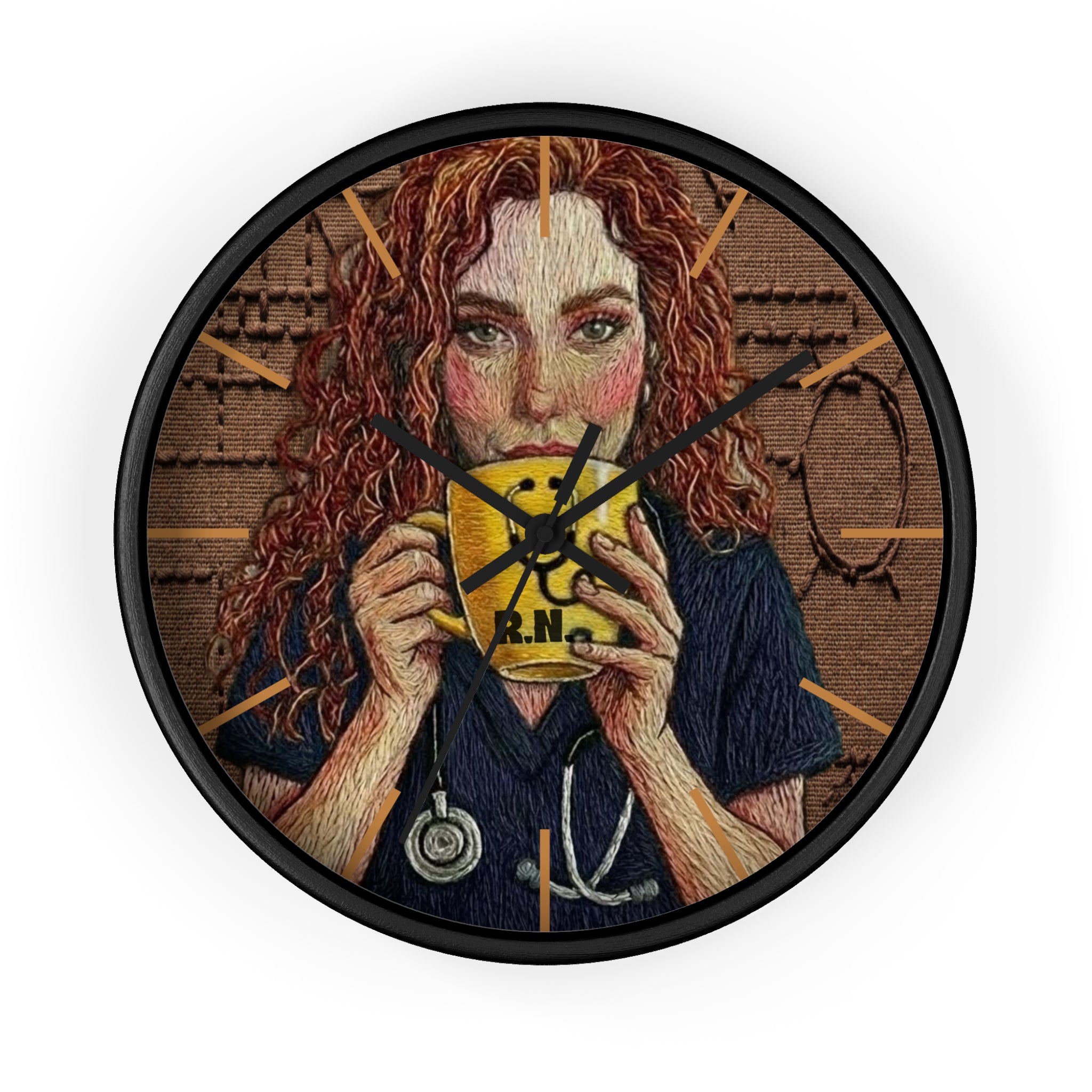 Cottagecore Coffee Lover Wall Clock — Hand-Drawn Woman with Smiley Mug (R.N.)