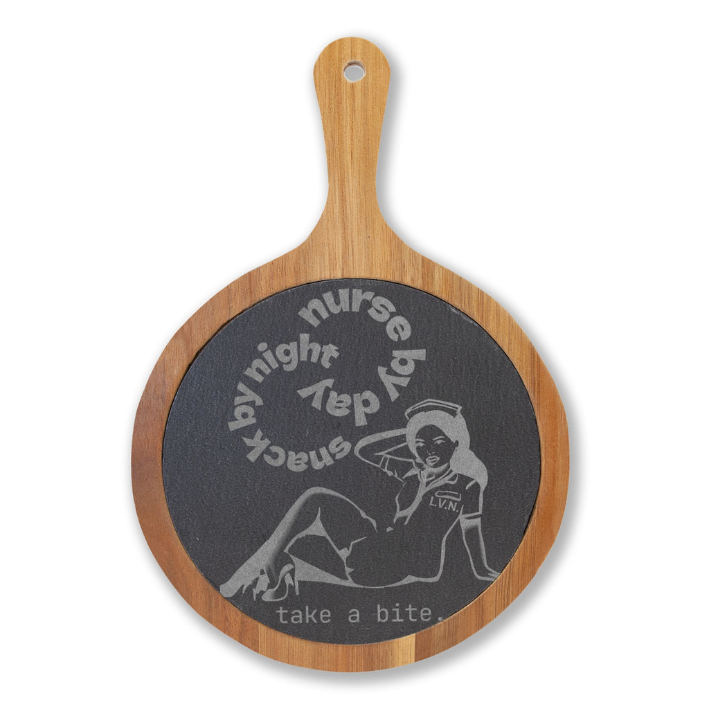 Engraved LVN Bamboo Charcuterie Board with Slate Inlay — 'Take a Bite' Pin-Up Design