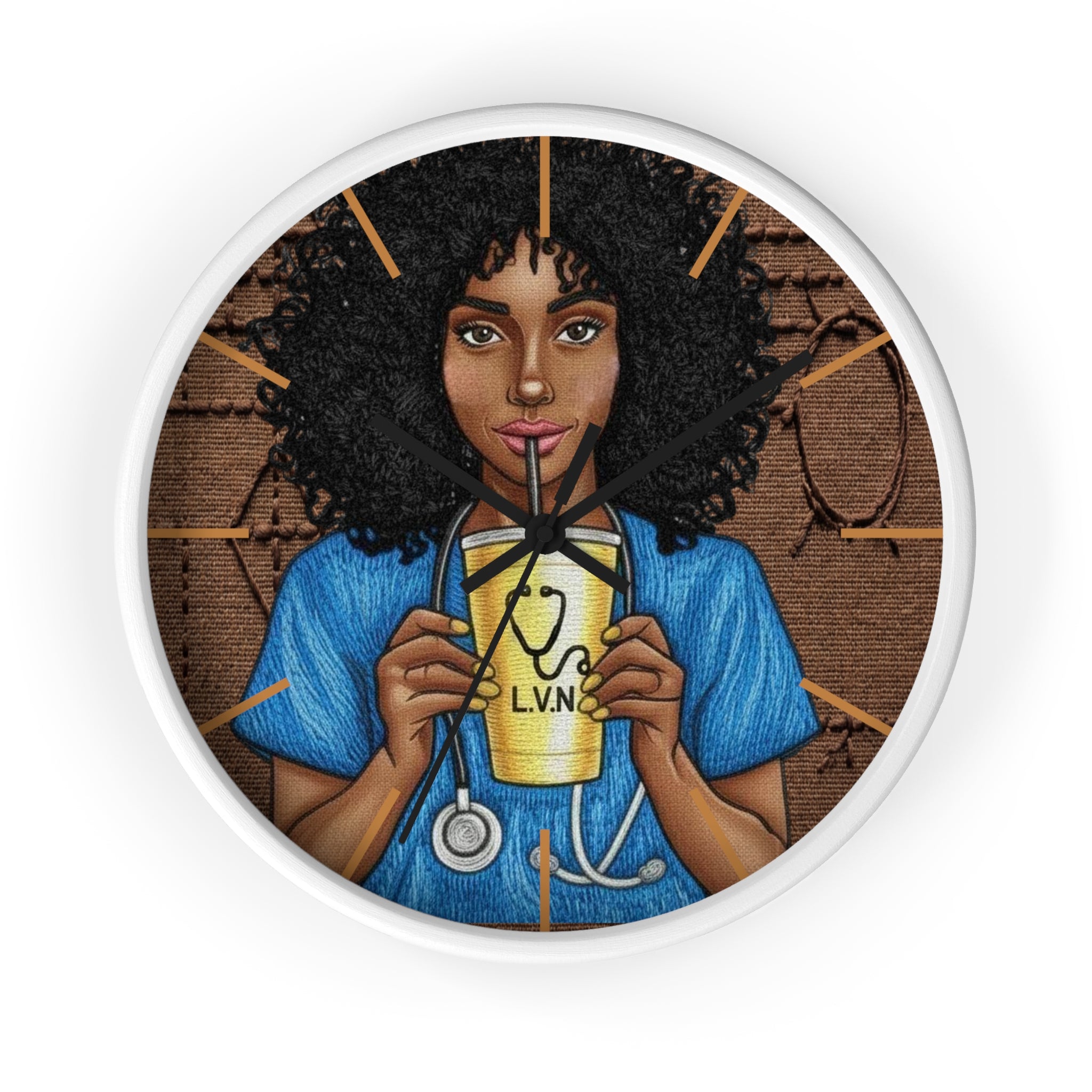 Nurse LVN Wall Clock — Black Female Nurse Drinking Coffee Illustration