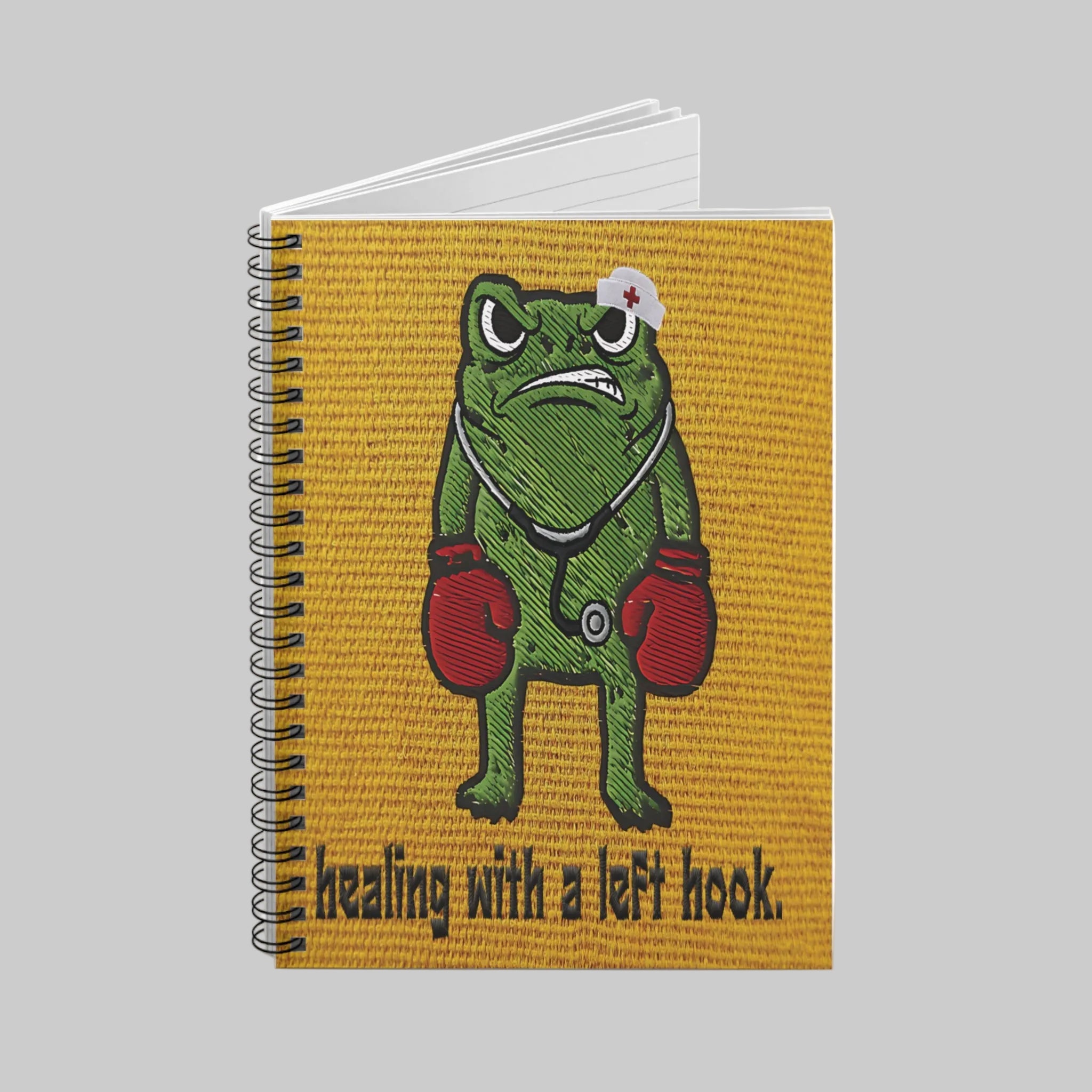 Nurse Frog Spiral Notebook — "Healing With a Left Hook" Ruled Journal