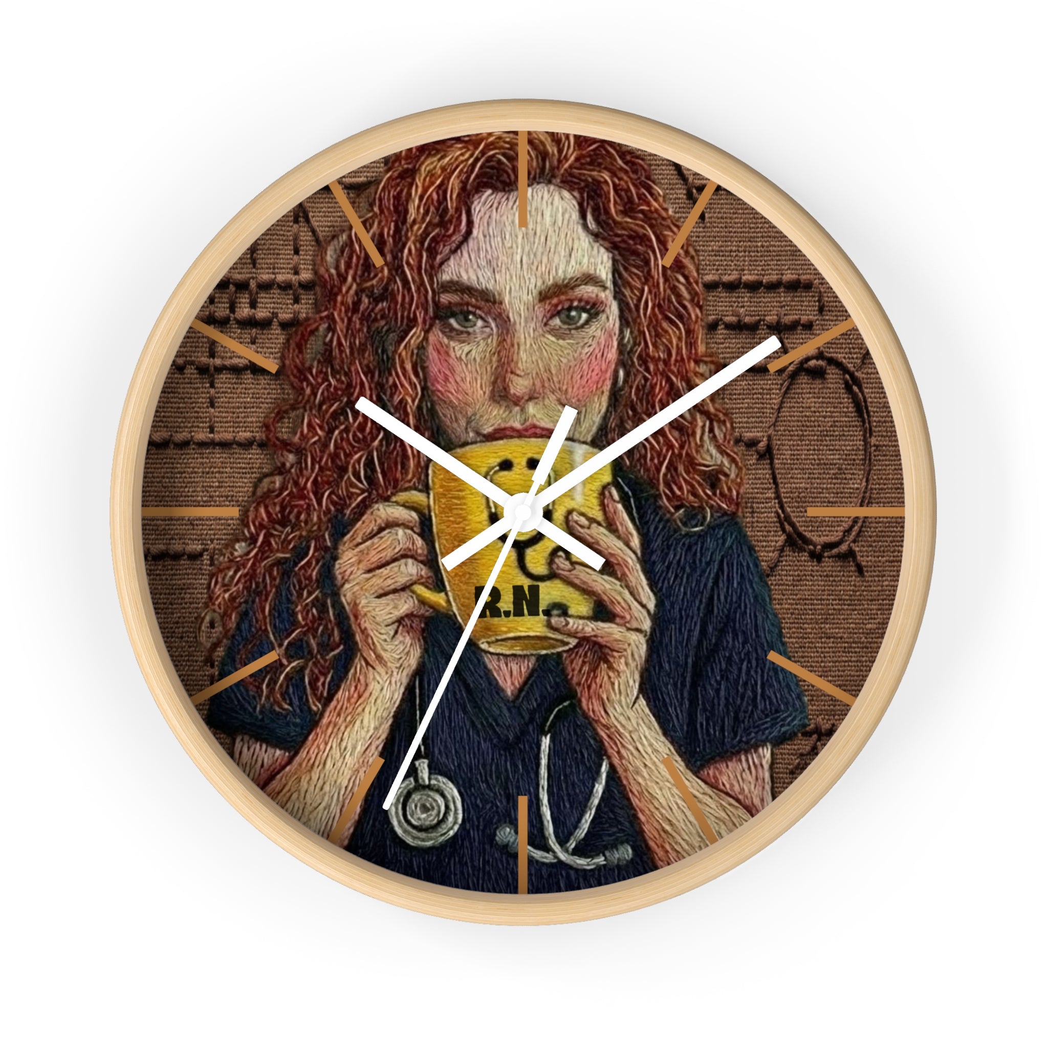 Cottagecore Coffee Lover Wall Clock — Hand-Drawn Woman with Smiley Mug (R.N.)