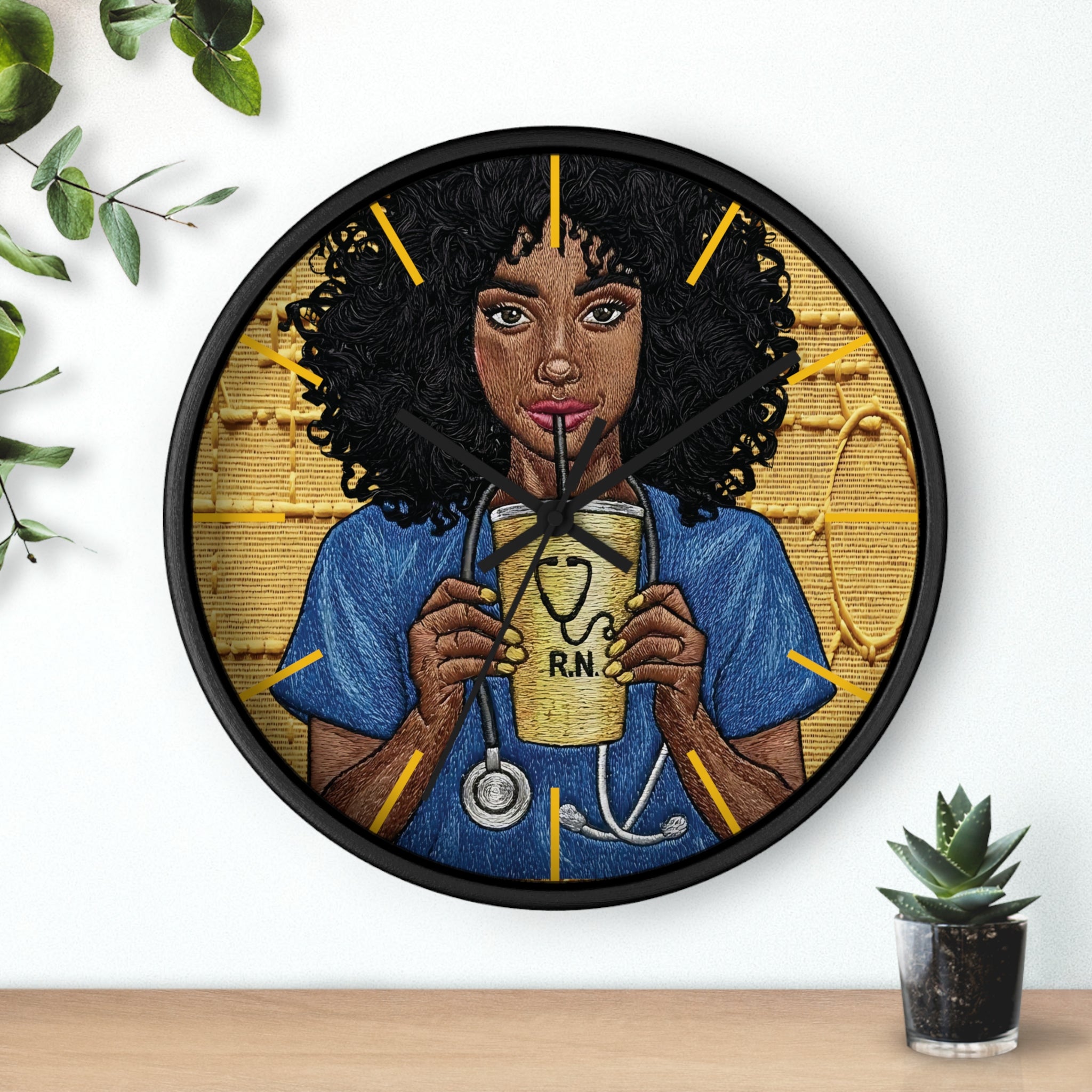 RN Coffee Nurse Wall Clock — Black Nurse Gift for Registered Nurses