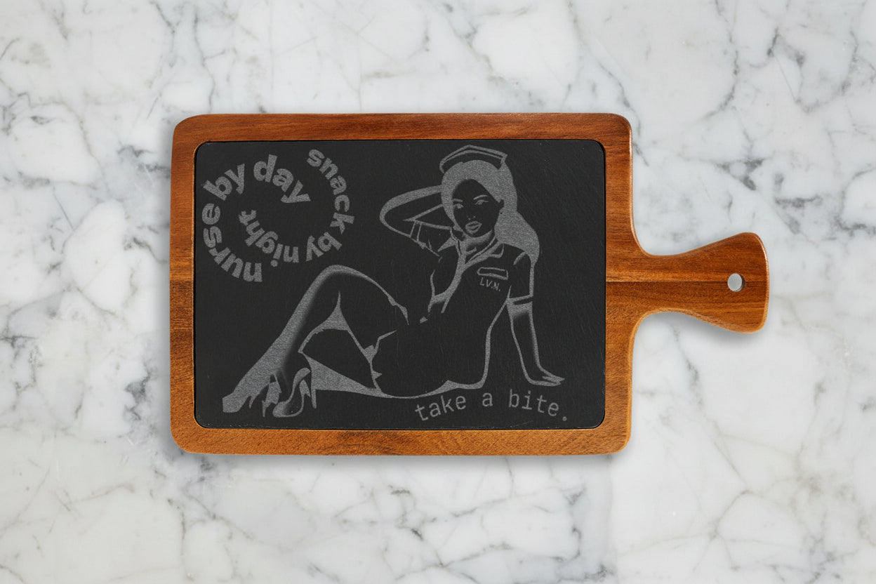 Engraved LVN Bamboo Charcuterie Board with Slate Inlay — 'Take a Bite' Pin-Up Design