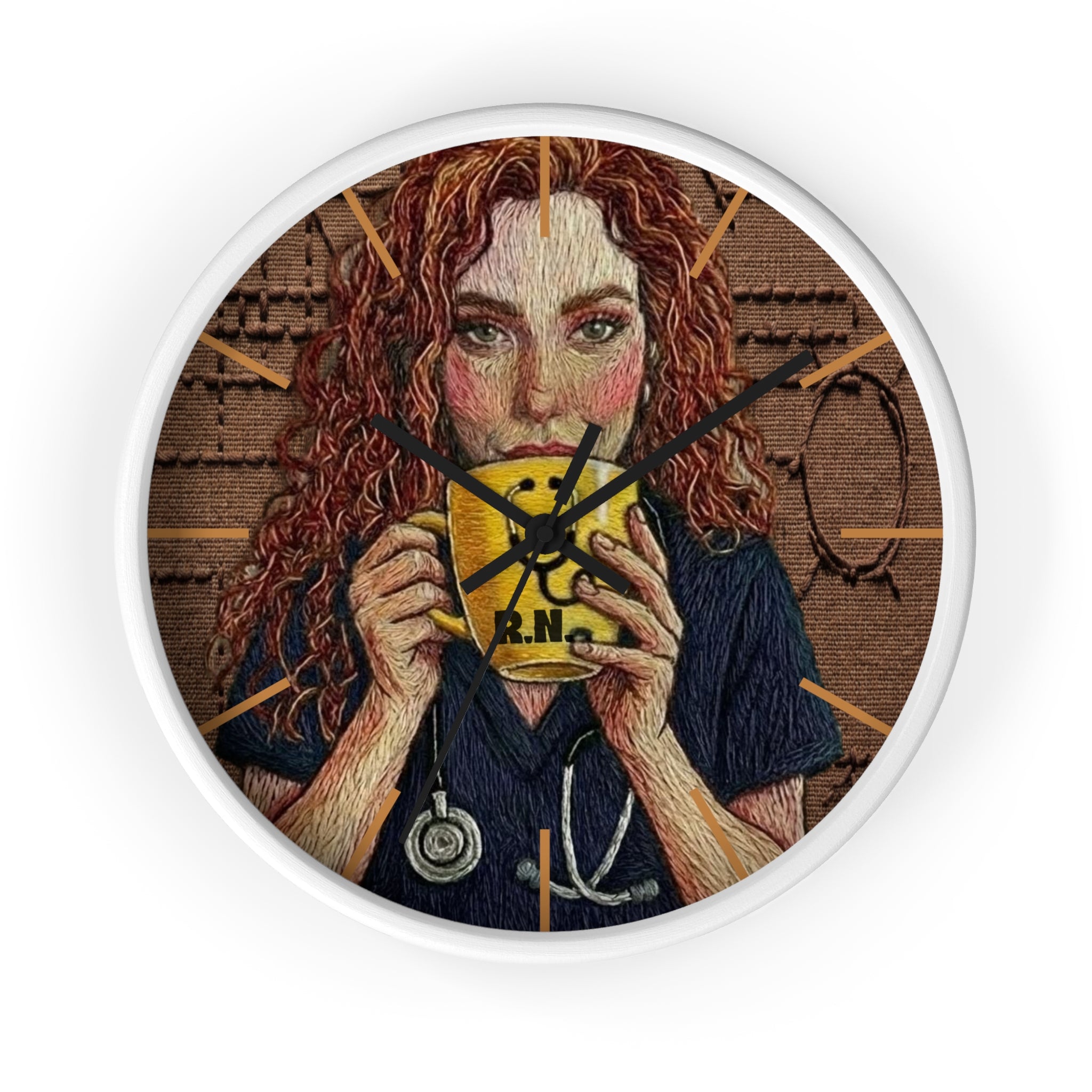 Cottagecore Coffee Lover Wall Clock — Hand-Drawn Woman with Smiley Mug (R.N.)