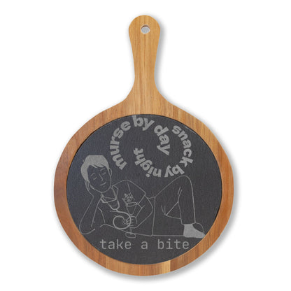 Engraved Charcuterie Board — "murse (R.N.) by day snack by night take a bite"