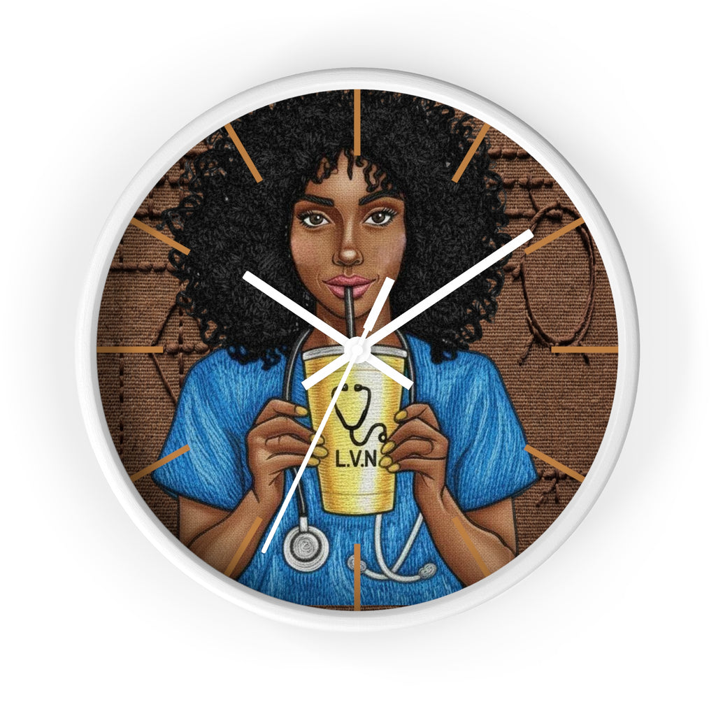Nurse LVN Wall Clock — Black Female Nurse Drinking Coffee Illustration