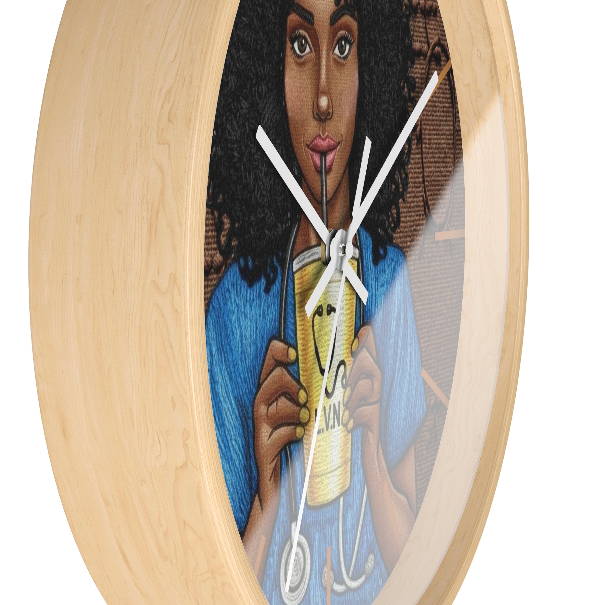 Nurse LVN Wall Clock — Black Female Nurse Drinking Coffee Illustration