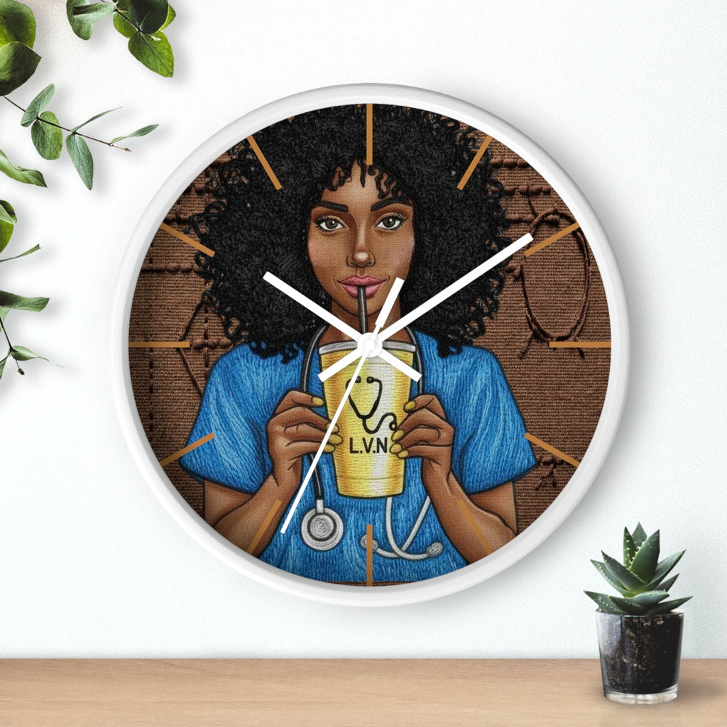 Nurse LVN Wall Clock — Black Female Nurse Drinking Coffee Illustration