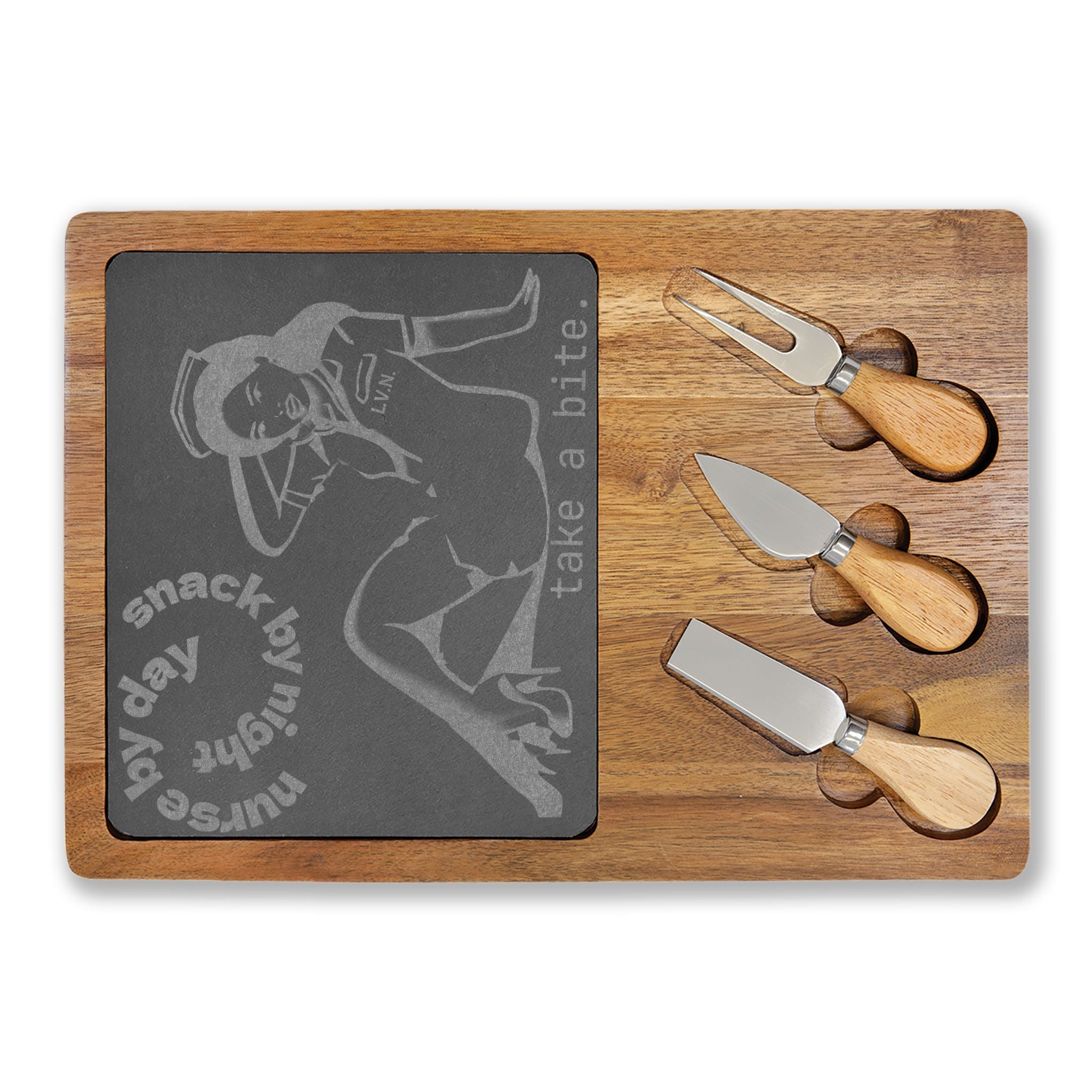 Engraved LVN Bamboo Charcuterie Board with Slate Inlay — 'Take a Bite' Pin-Up Design
