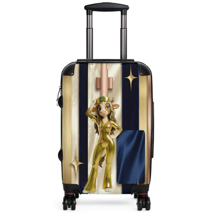 Retro Glam Cow Travel Suitcase — Cute Golden Cow Girl Luggage