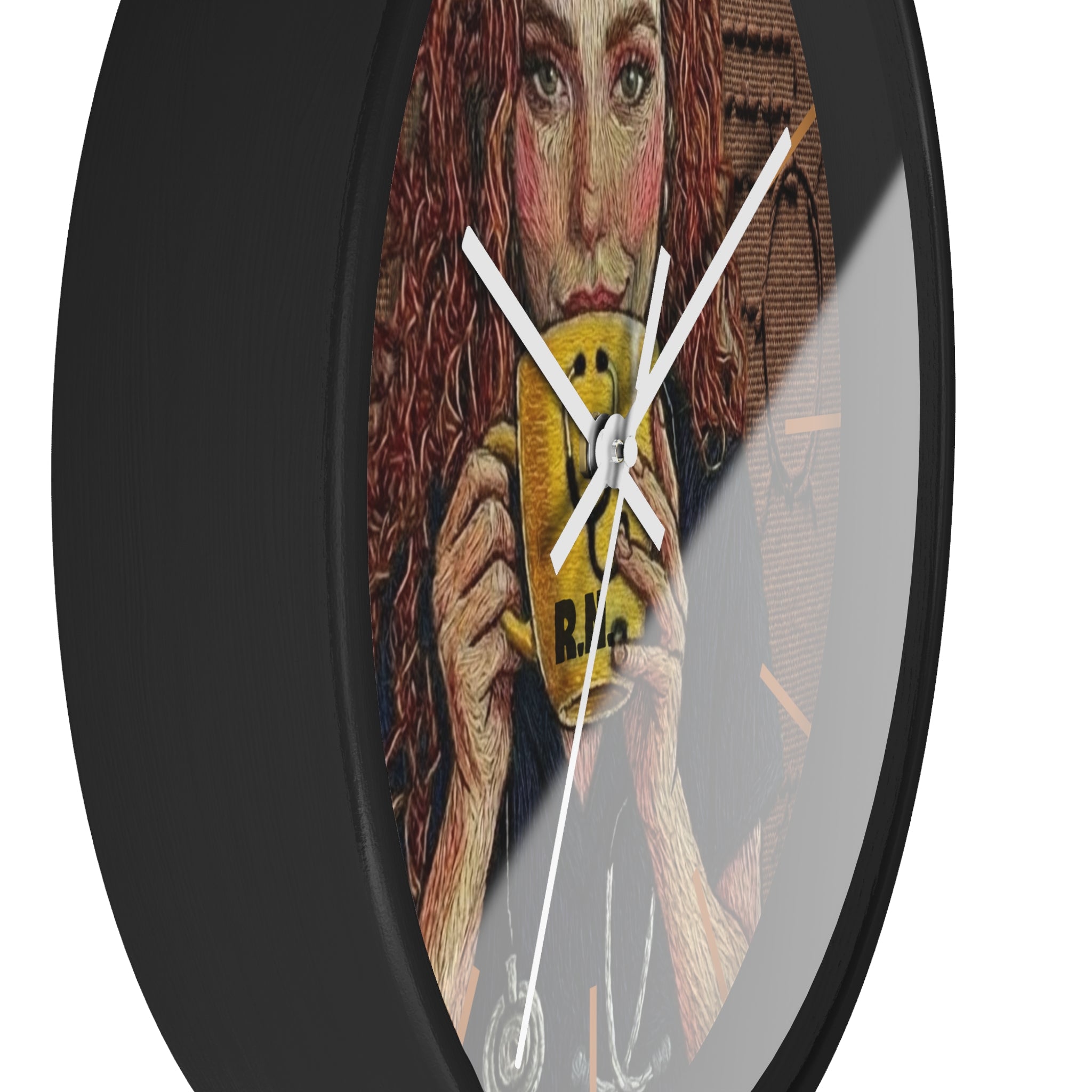 Cottagecore Coffee Lover Wall Clock — Hand-Drawn Woman with Smiley Mug (R.N.)