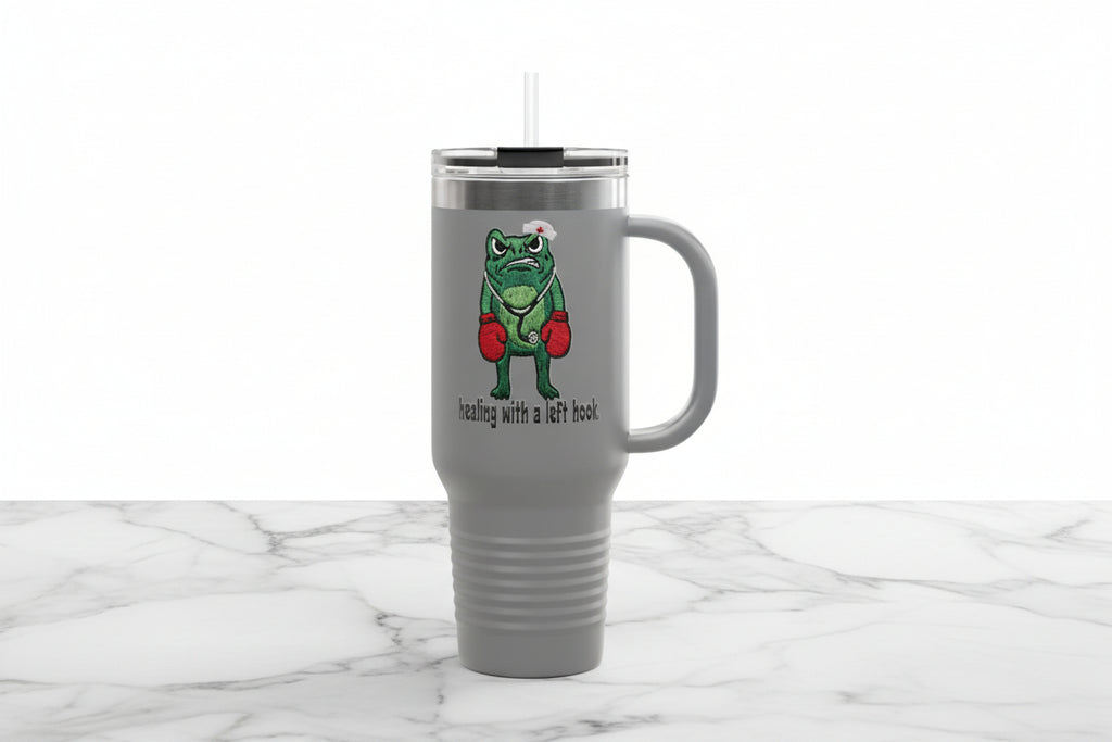 40oz Insulated Travel Mug — Boxing Nurse Frog "Healing with a Left Hook"