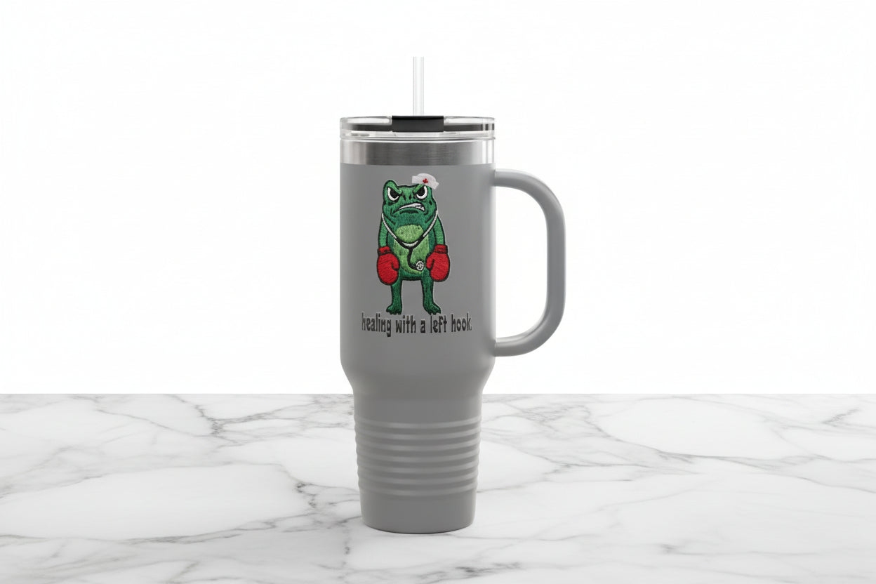 40oz Insulated Travel Mug — Boxing Nurse Frog "Healing with a Left Hook"