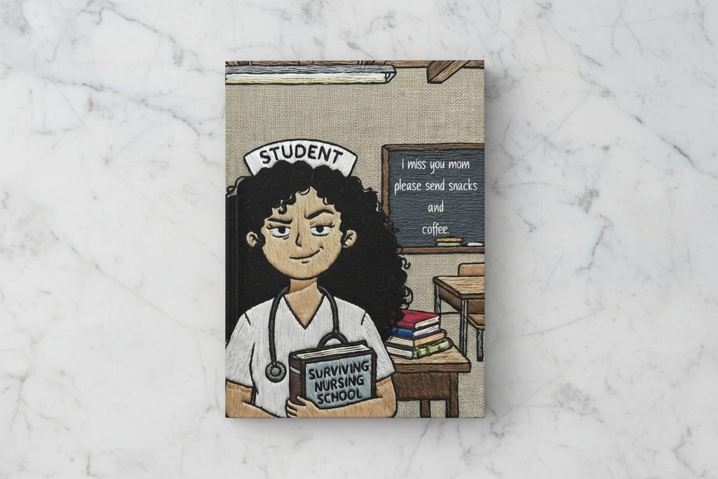 Surviving Nursing School Hardcover Journal — 'I miss you mom please send snacks and coffee' Student Nurse Notebook
