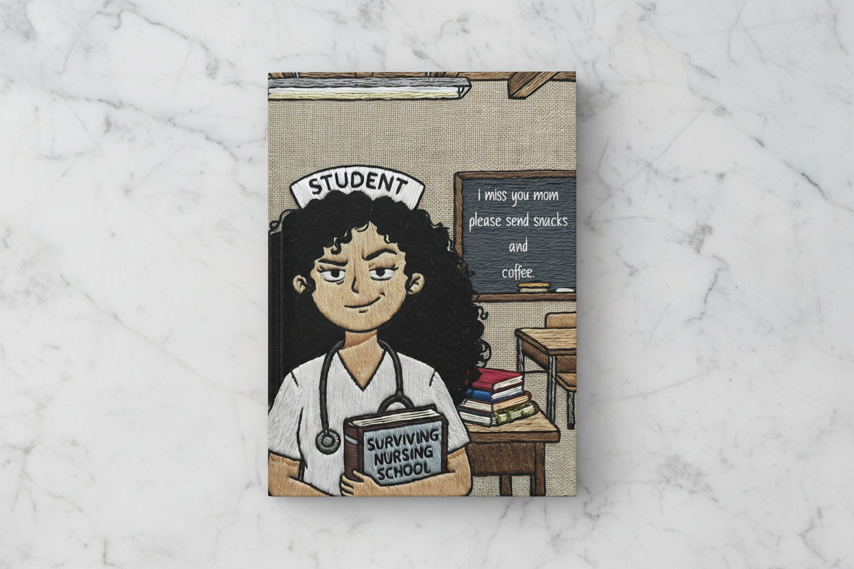 Surviving Nursing School Hardcover Journal — 'I miss you mom please send snacks and coffee' Student Nurse Notebook