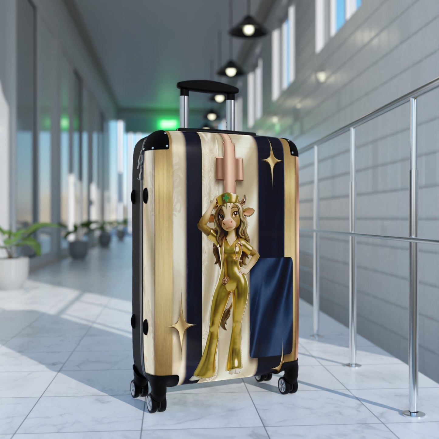 Retro Glam Cow Travel Suitcase — Cute Golden Cow Girl Luggage