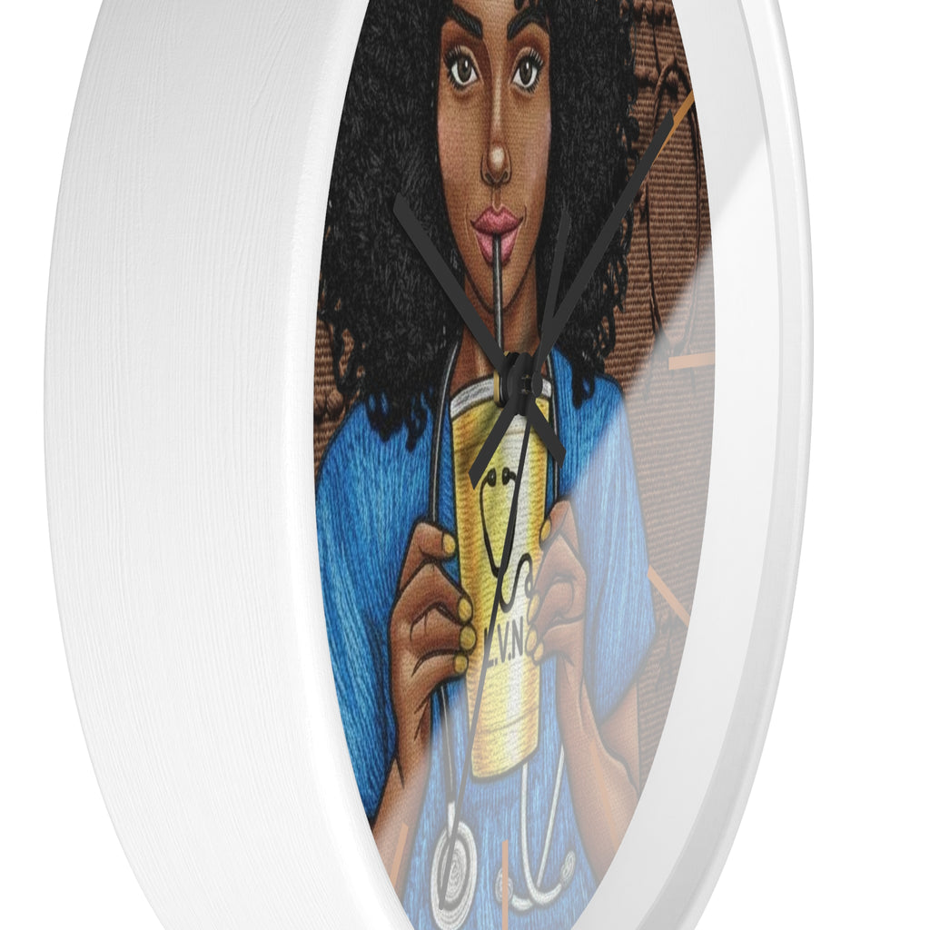 Nurse LVN Wall Clock — Black Female Nurse Drinking Coffee Illustration