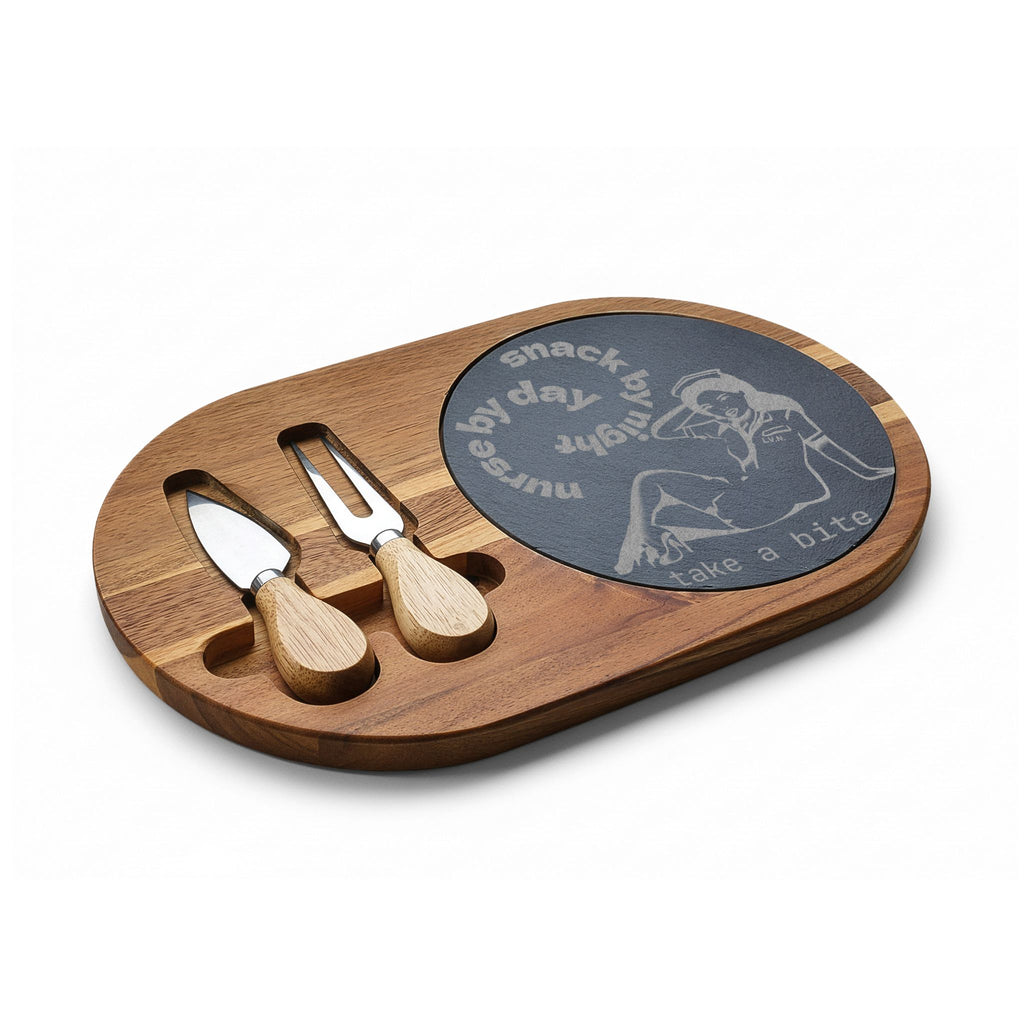 Engraved LVN Bamboo Charcuterie Board with Slate Inlay — 'Take a Bite' Pin-Up Design