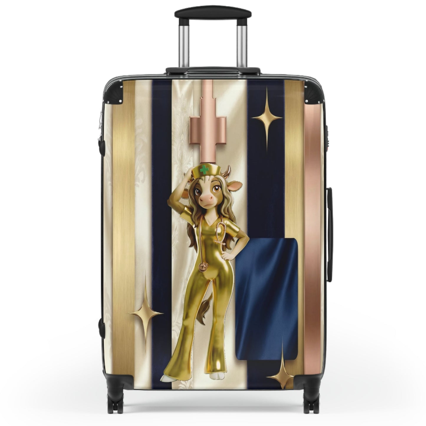 Retro Glam Cow Travel Suitcase — Cute Golden Cow Girl Luggage