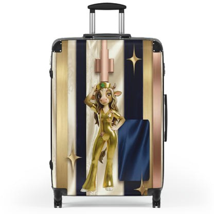 Retro Glam Cow Travel Suitcase — Cute Golden Cow Girl Luggage