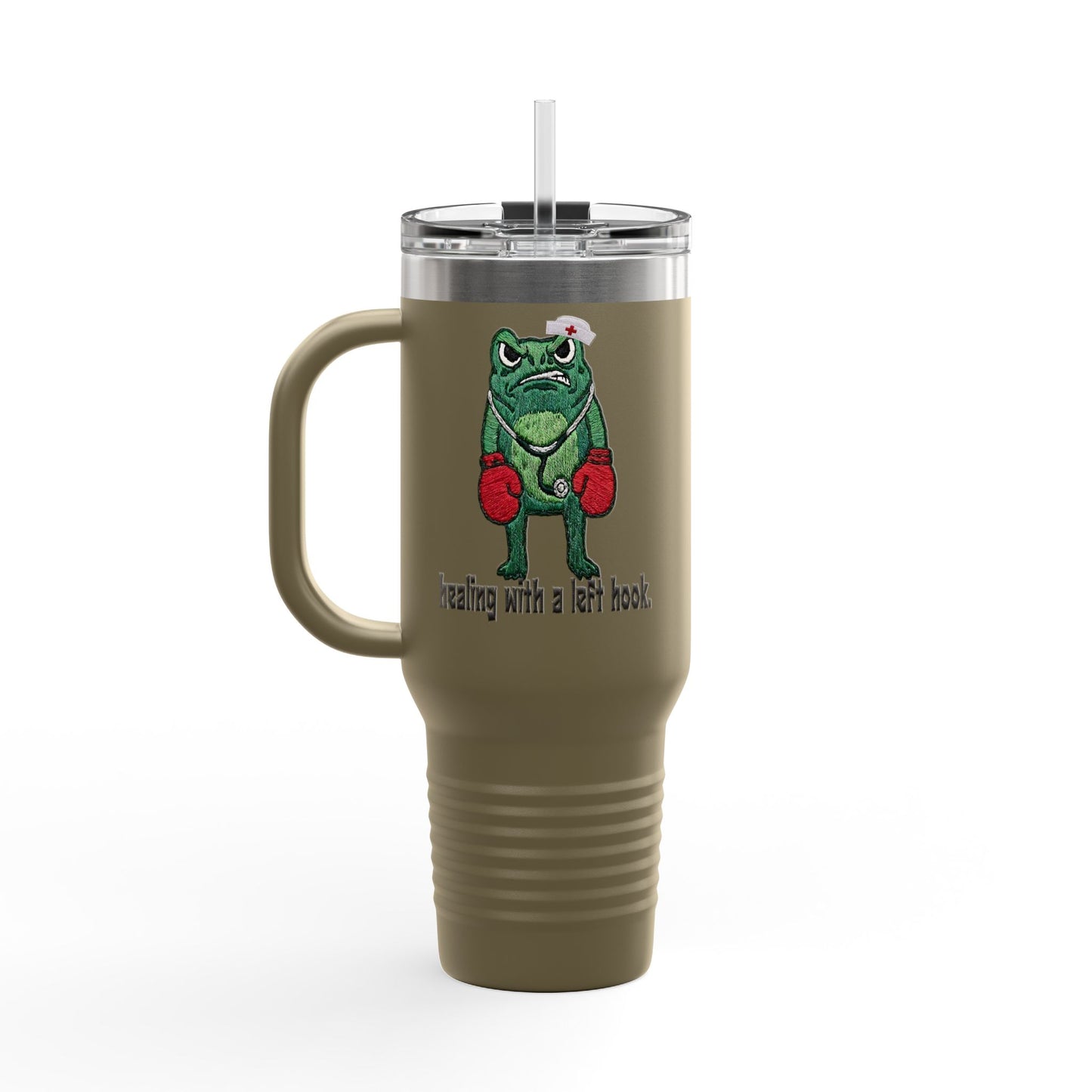40oz Insulated Travel Mug — Boxing Nurse Frog "Healing with a Left Hook"