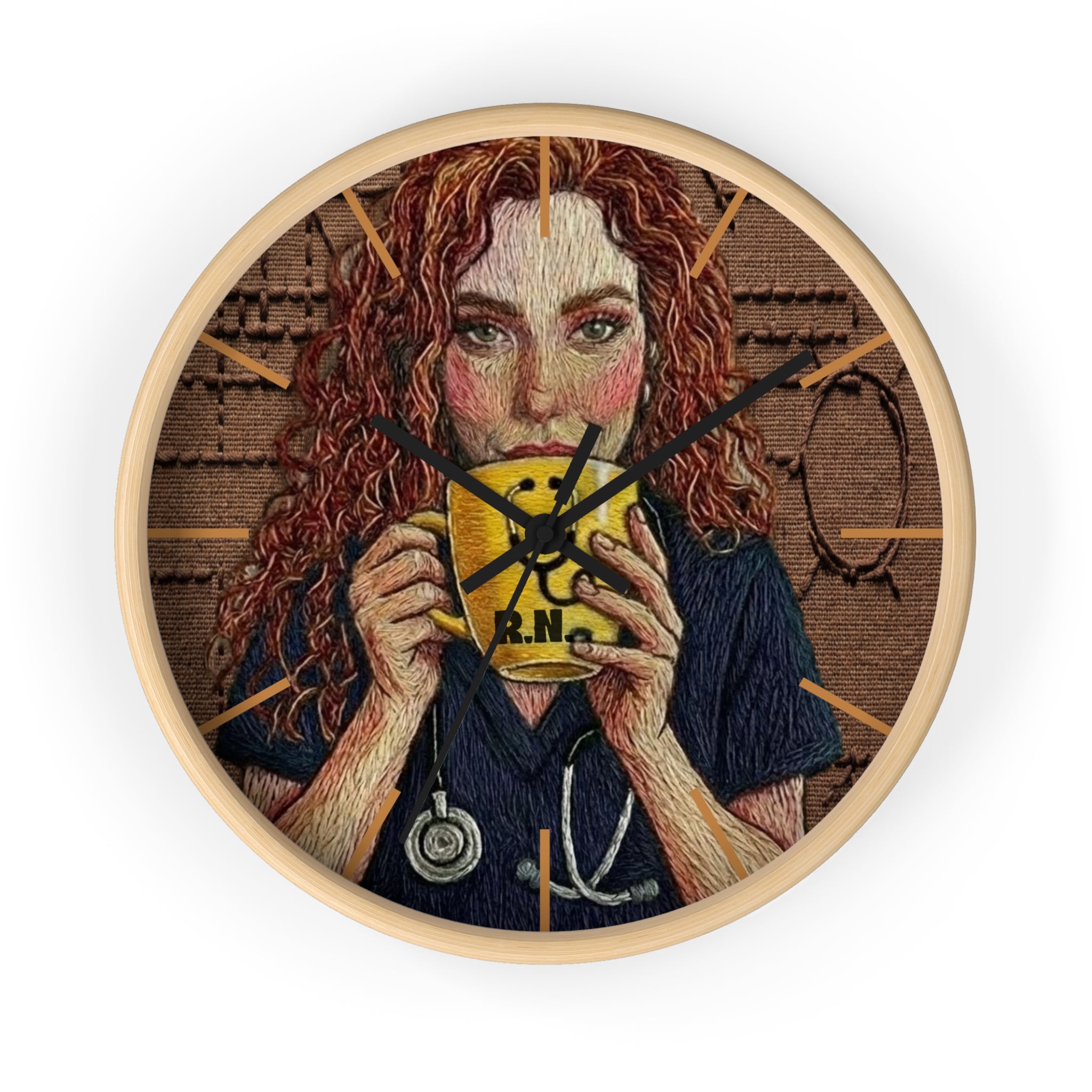 Cottagecore Coffee Lover Wall Clock — Hand-Drawn Woman with Smiley Mug (R.N.)