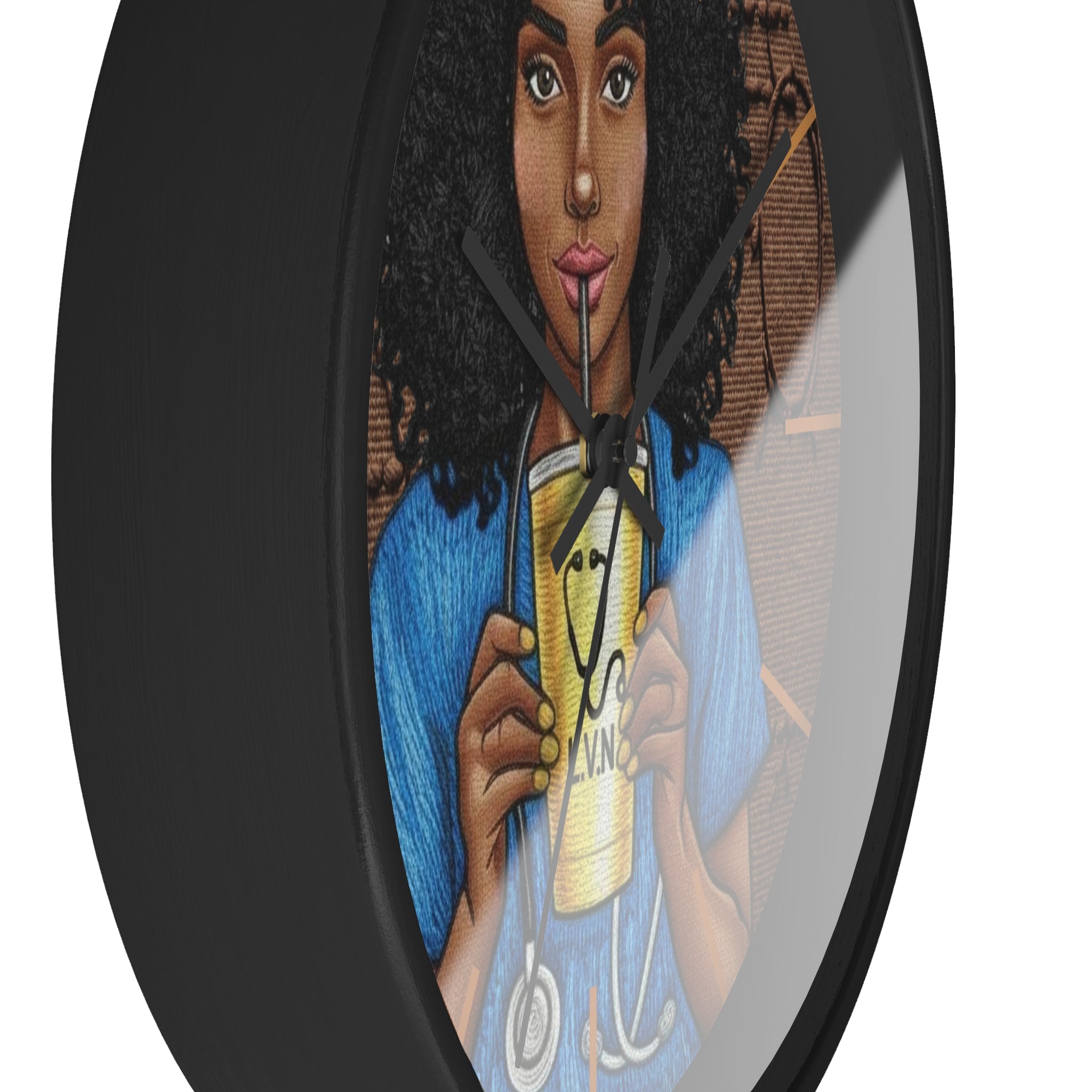 Nurse LVN Wall Clock — Black Female Nurse Drinking Coffee Illustration