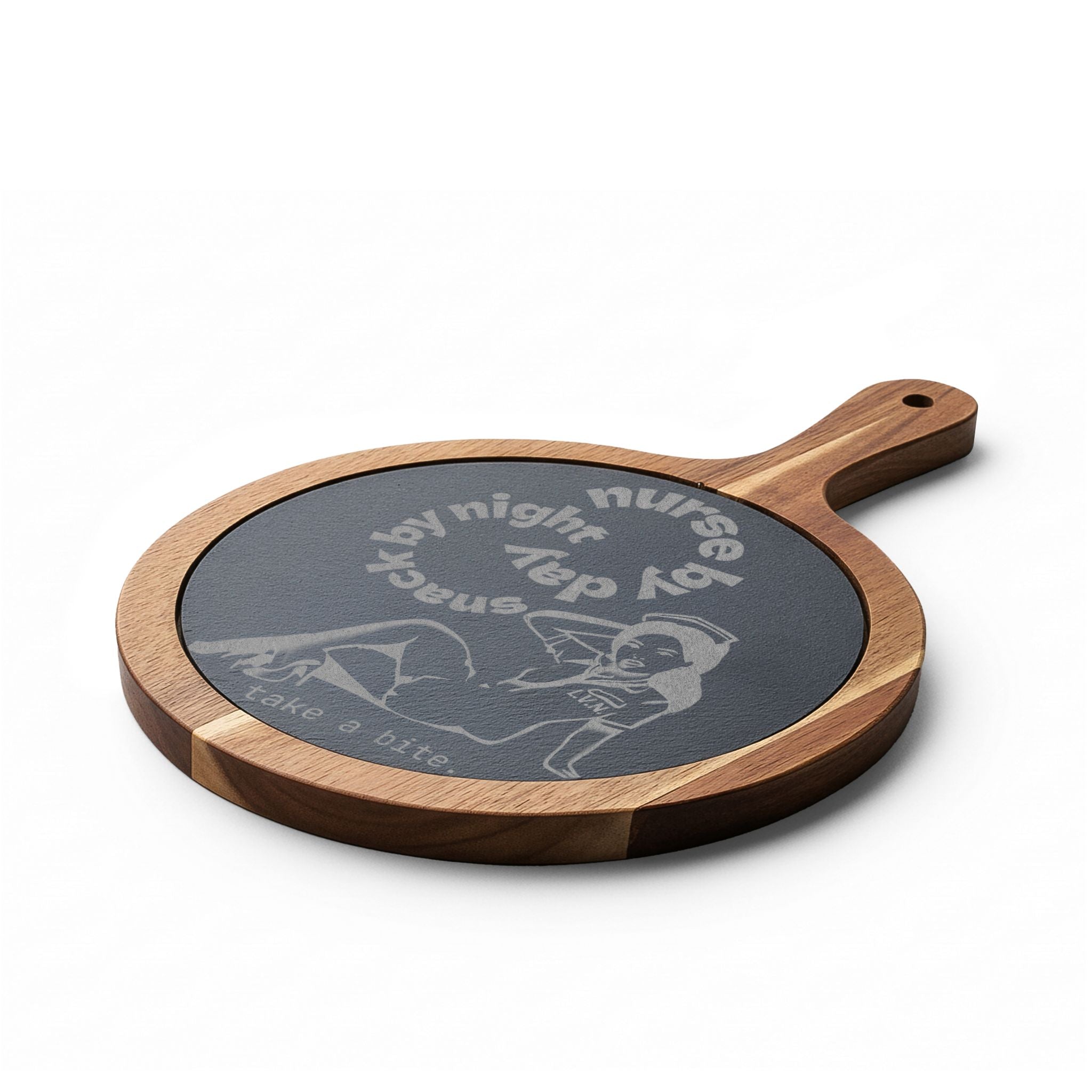 Engraved LVN Bamboo Charcuterie Board with Slate Inlay — 'Take a Bite' Pin-Up Design