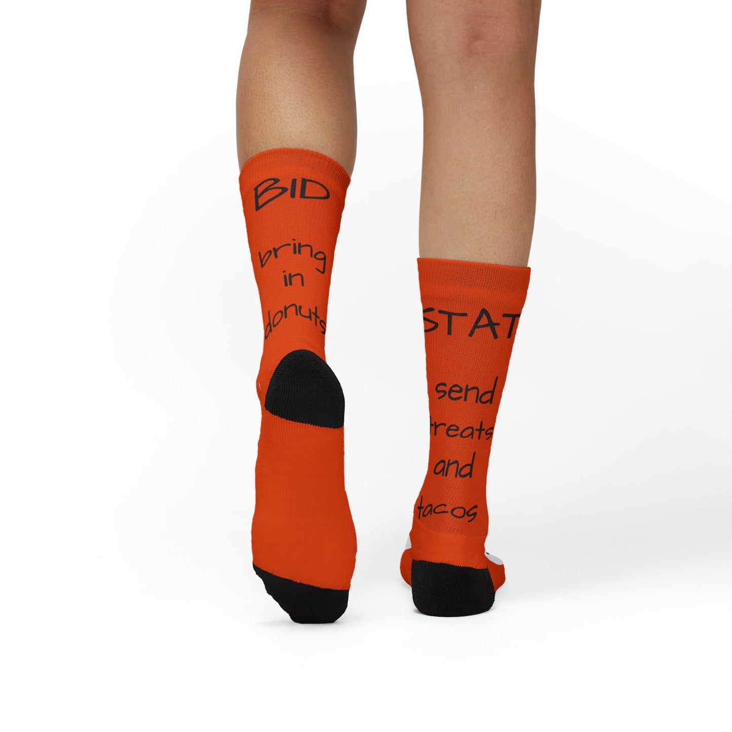 Funny Nurse Socks - Medical Tech Sublimation Socks with 'Bring In Donuts, Send Treats and Tacos' Design