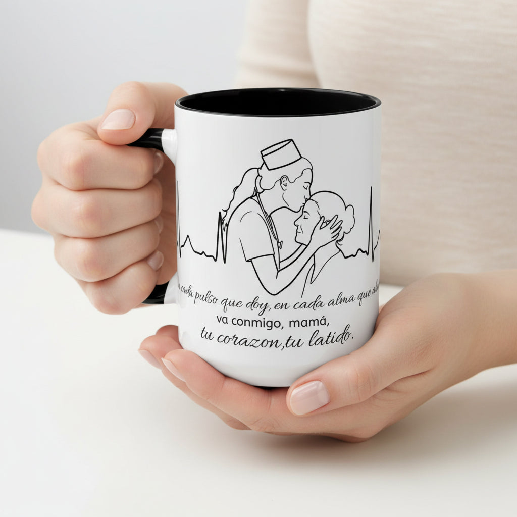 Nurse & Mom Tribute Coffee Mug – "Va conmigo, mamá, en mi corazón tu latido"
