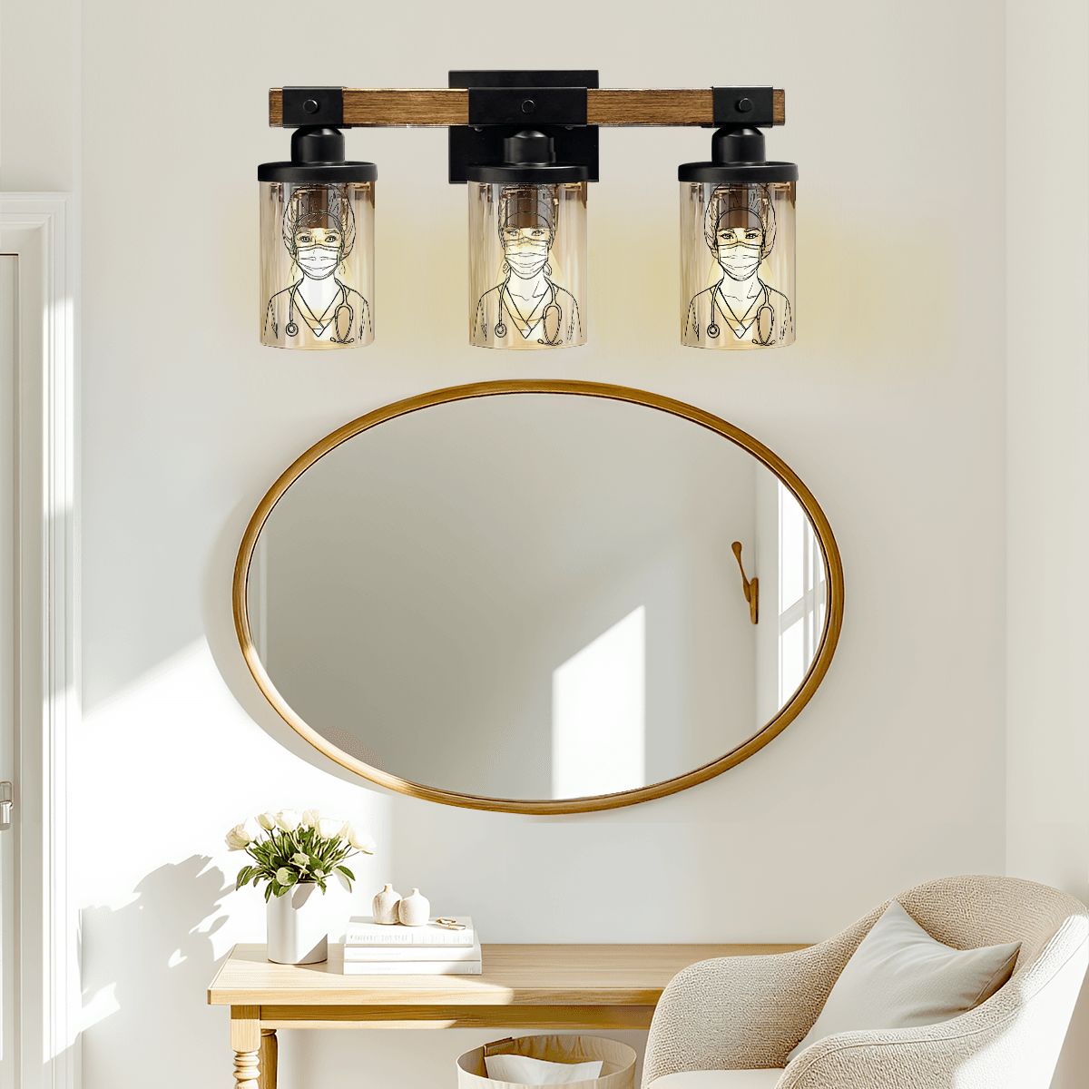 Healthcare Tribute Light Fixture, Nurse Wall Sconce, Medical Art Lighting, Premium Wooden Mount
