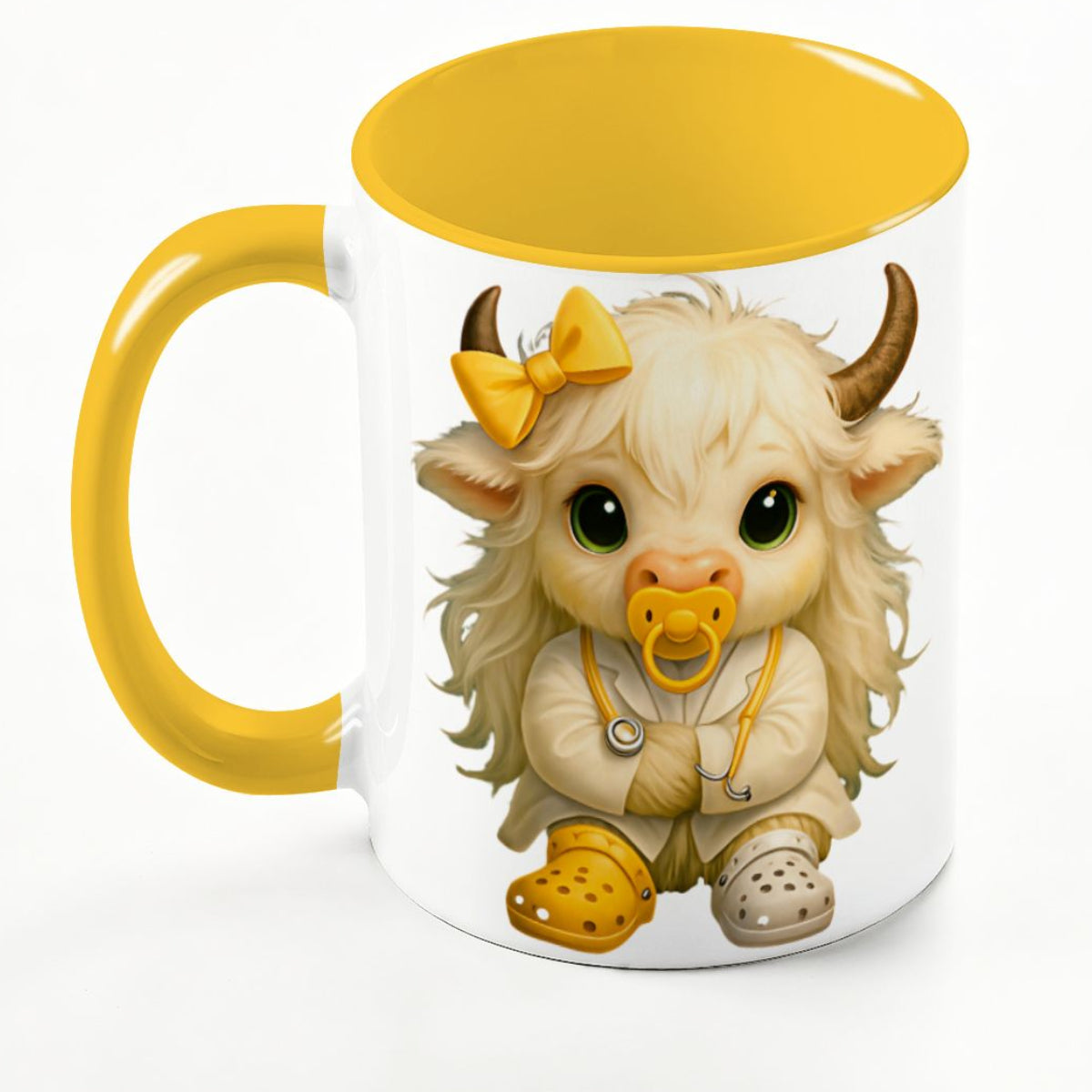 Highland Cow Mini‑Doc Ceramic Mug — Premium Gloss (15oz) (Made in USA)