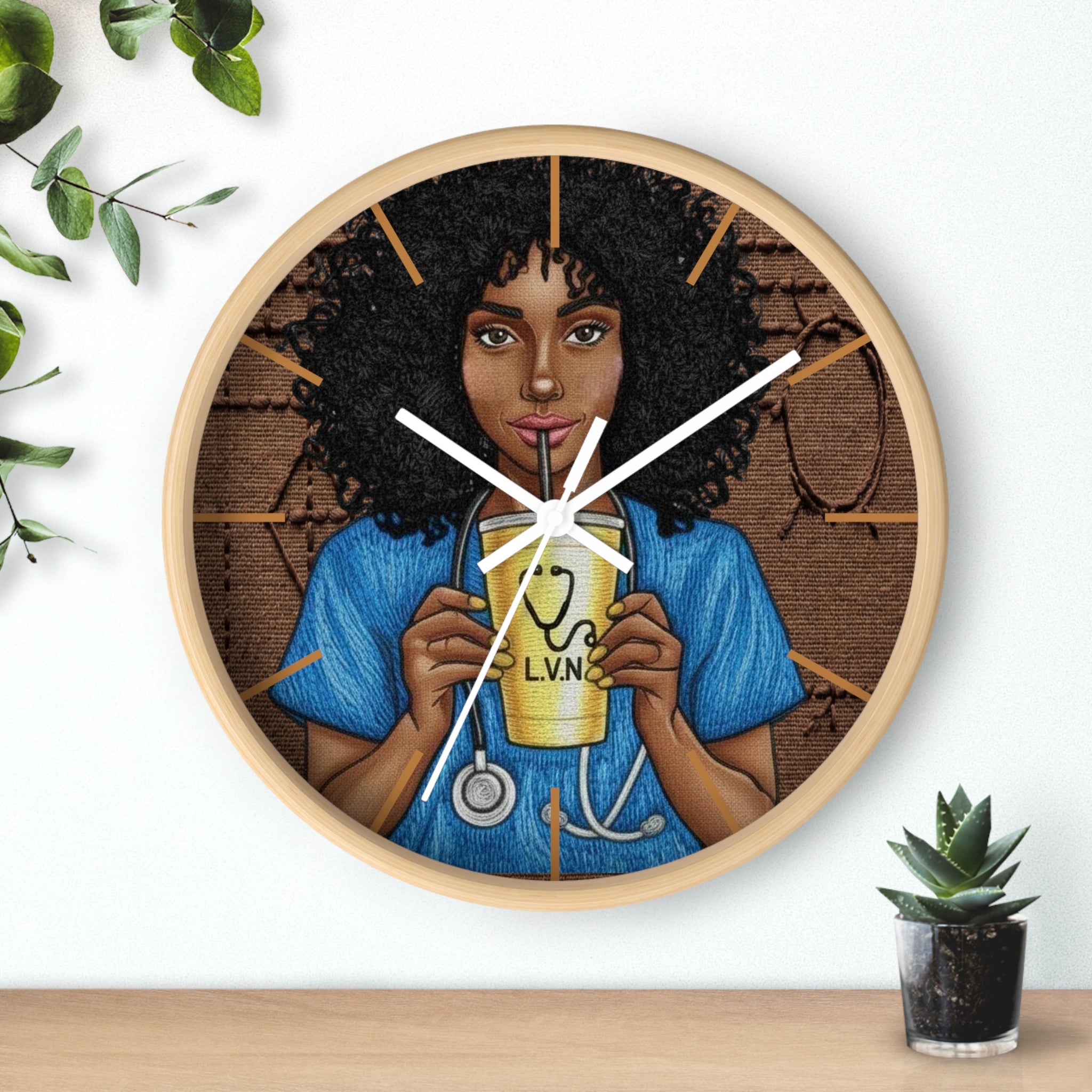 Nurse LVN Wall Clock — Black Female Nurse Drinking Coffee Illustration