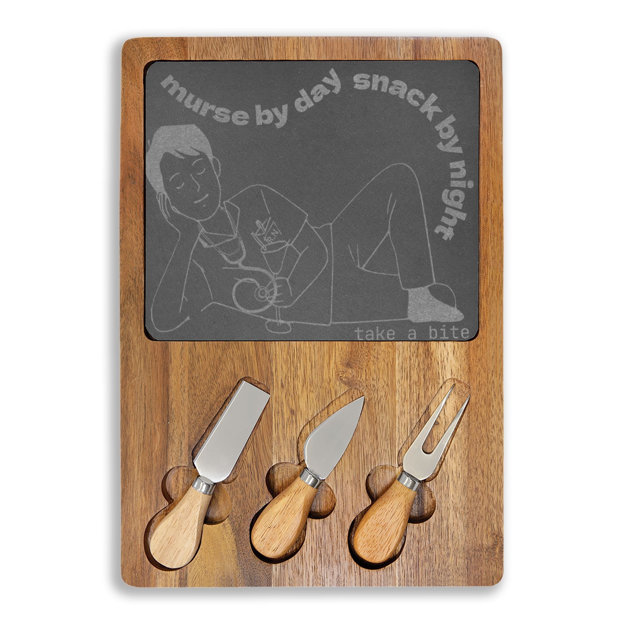 Engraved Charcuterie Board — "murse (R.N.) by day snack by night take a bite"