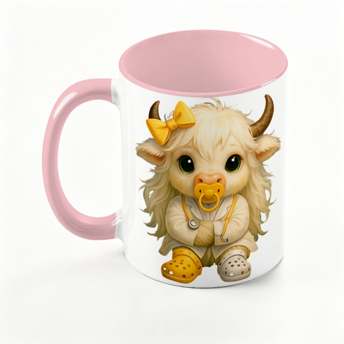 Highland Cow Mini‑Doc Ceramic Mug — Premium Gloss (15oz) (Made in USA)