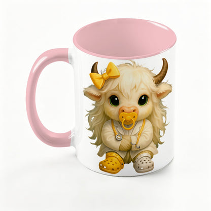 Highland Cow Mini‑Doc Ceramic Mug — Premium Gloss (15oz) (Made in USA)